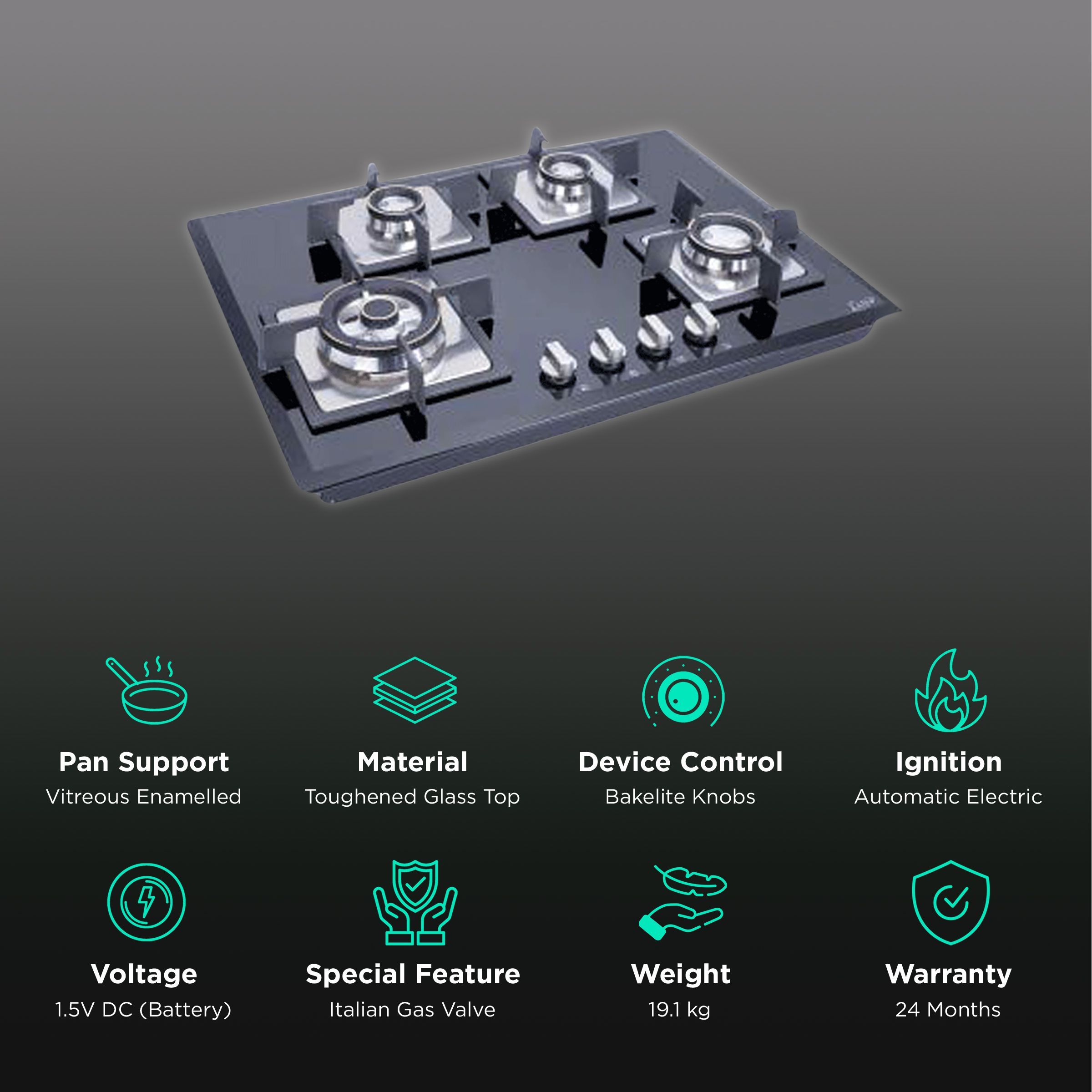 Glen 1074 SQ HT DB Toughened Glass Top 4 Burner Automatic Electric Hob (Battery Operated, Black) Glen 1074 SQ HT DB Toughened Glass Top 4 Burner Automatic Electric Hob (Battery Operated, Black)_3