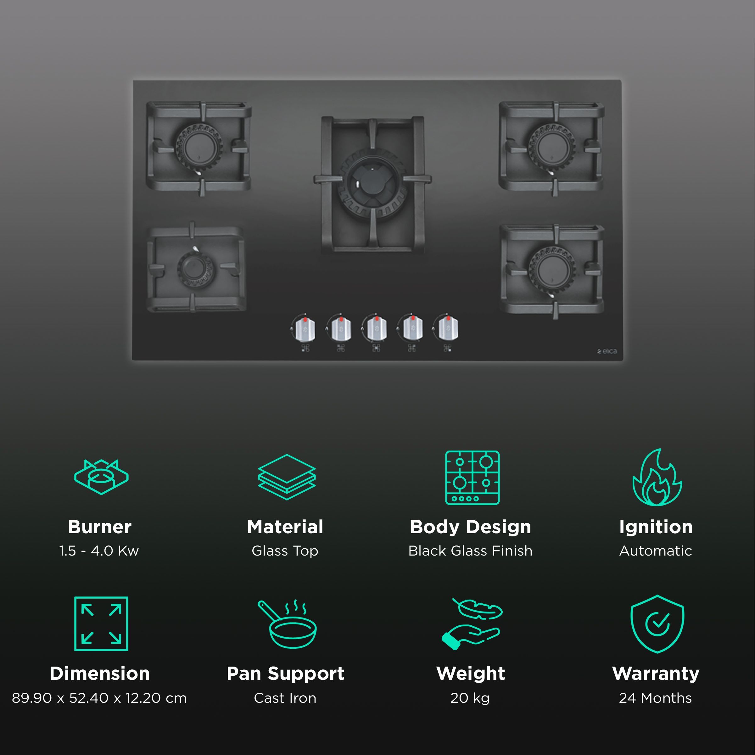 Elica PRO MFC 5B 90 SWIRL N Glass Top 5 Burner Automatic Hob (Cast Iron Grid, Black)_3