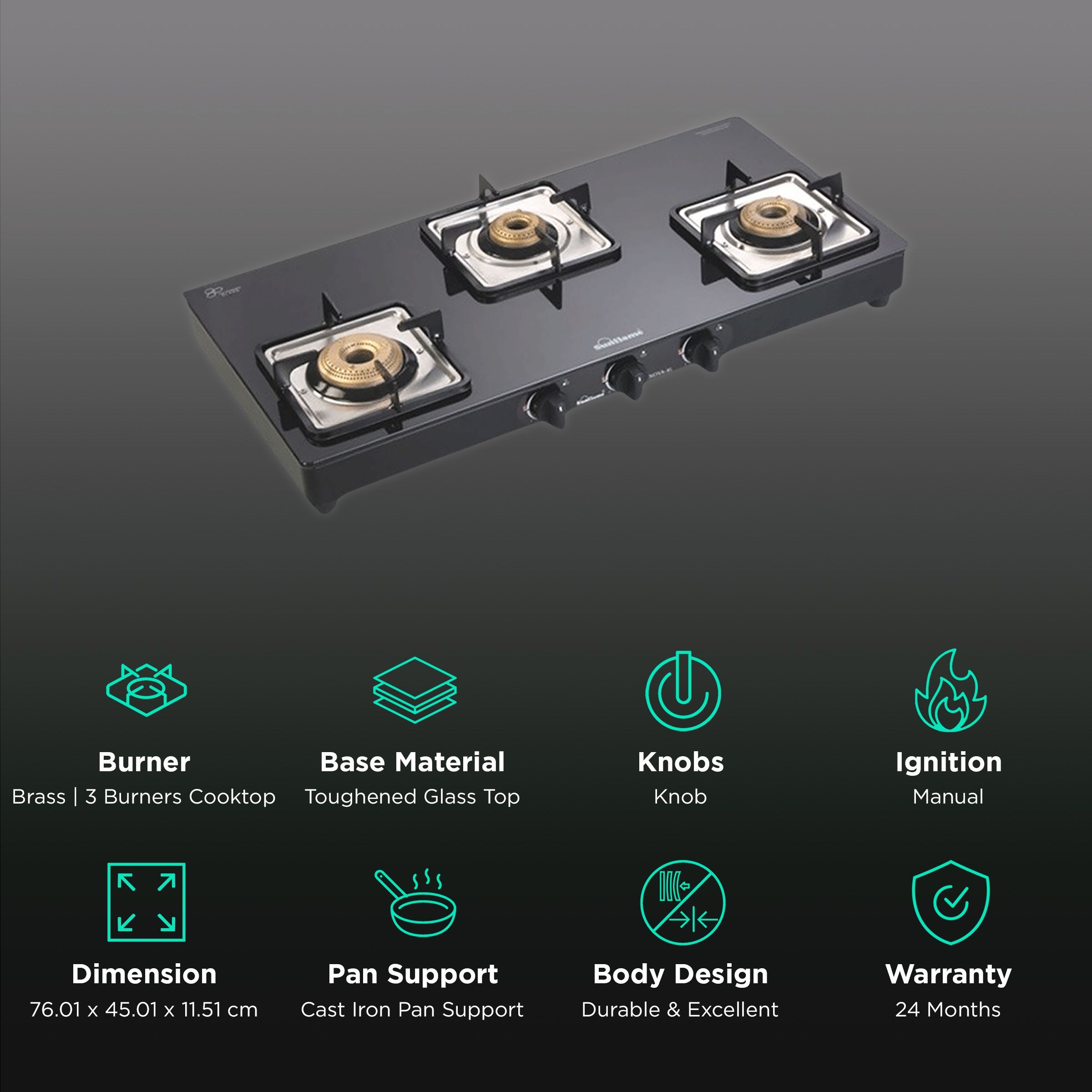 Sunflame GT 3B AURA Toughened Glass Top 3 Burner Manual Gas Stove (Cast Iron Pan Support, Black)_3