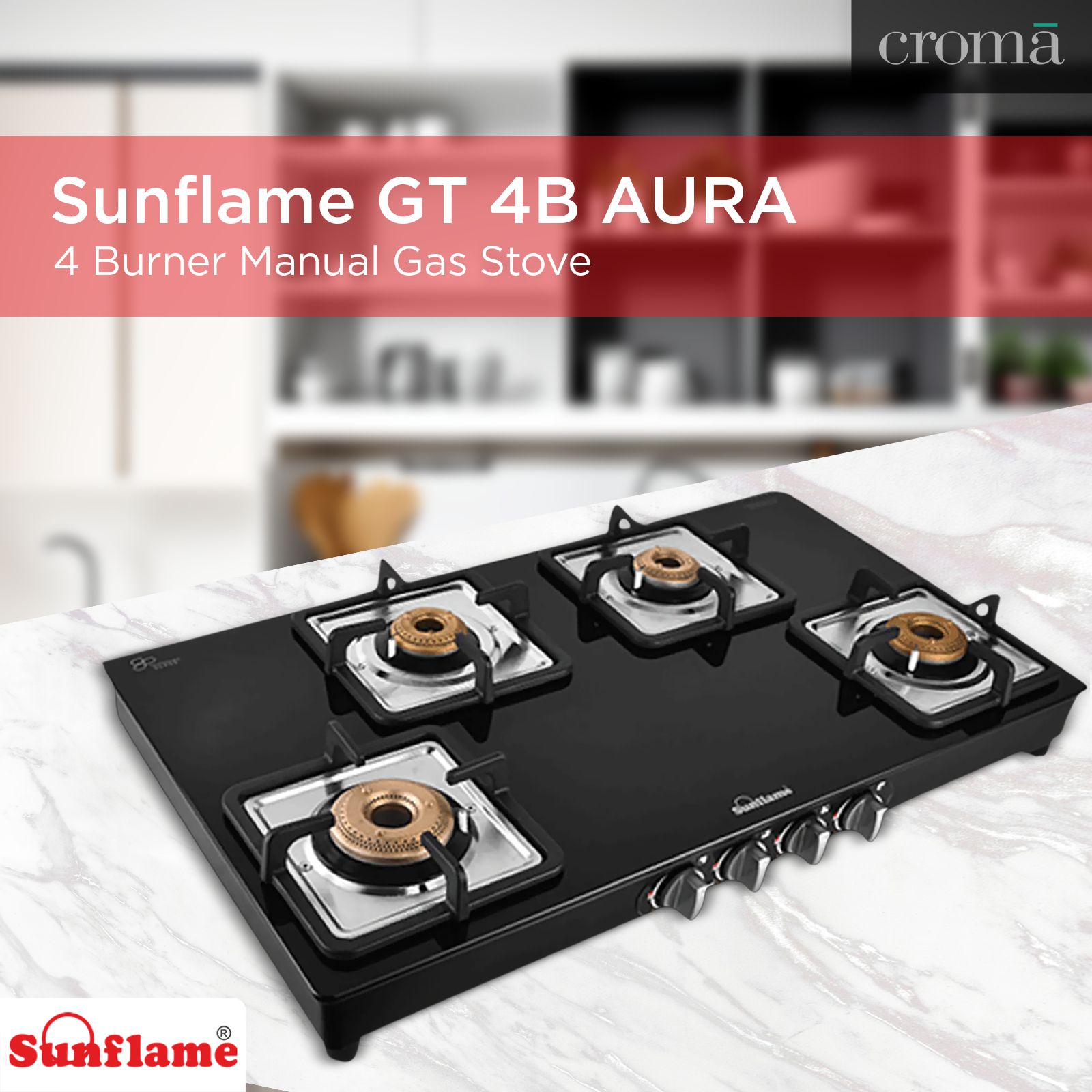 Sunflame GT 4B AURA Toughened Glass Top 4 Burner Manual Gas Stove (Cast Iron Pan Support, Black) Sunflame GT 4B AURA Toughened Glass Top 4 Burner Manual Gas Stove (Cast Iron Pan Support, Black)_9