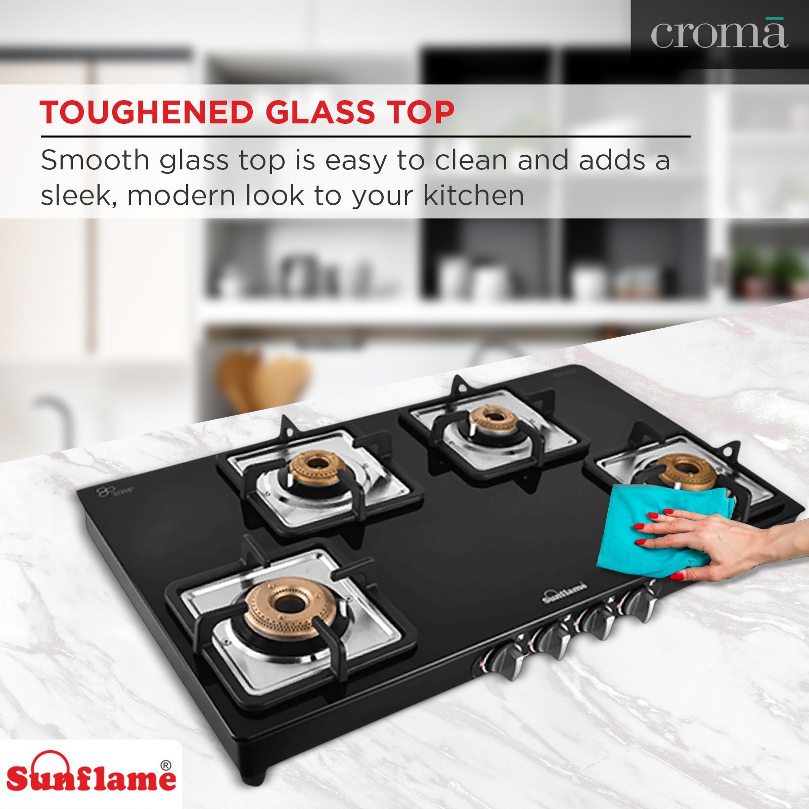 Sunflame GT 4B AURA Toughened Glass Top 4 Burner Manual Gas Stove (Cast Iron Pan Support, Black) Sunflame GT 4B AURA Toughened Glass Top 4 Burner Manual Gas Stove (Cast Iron Pan Support, Black)_11