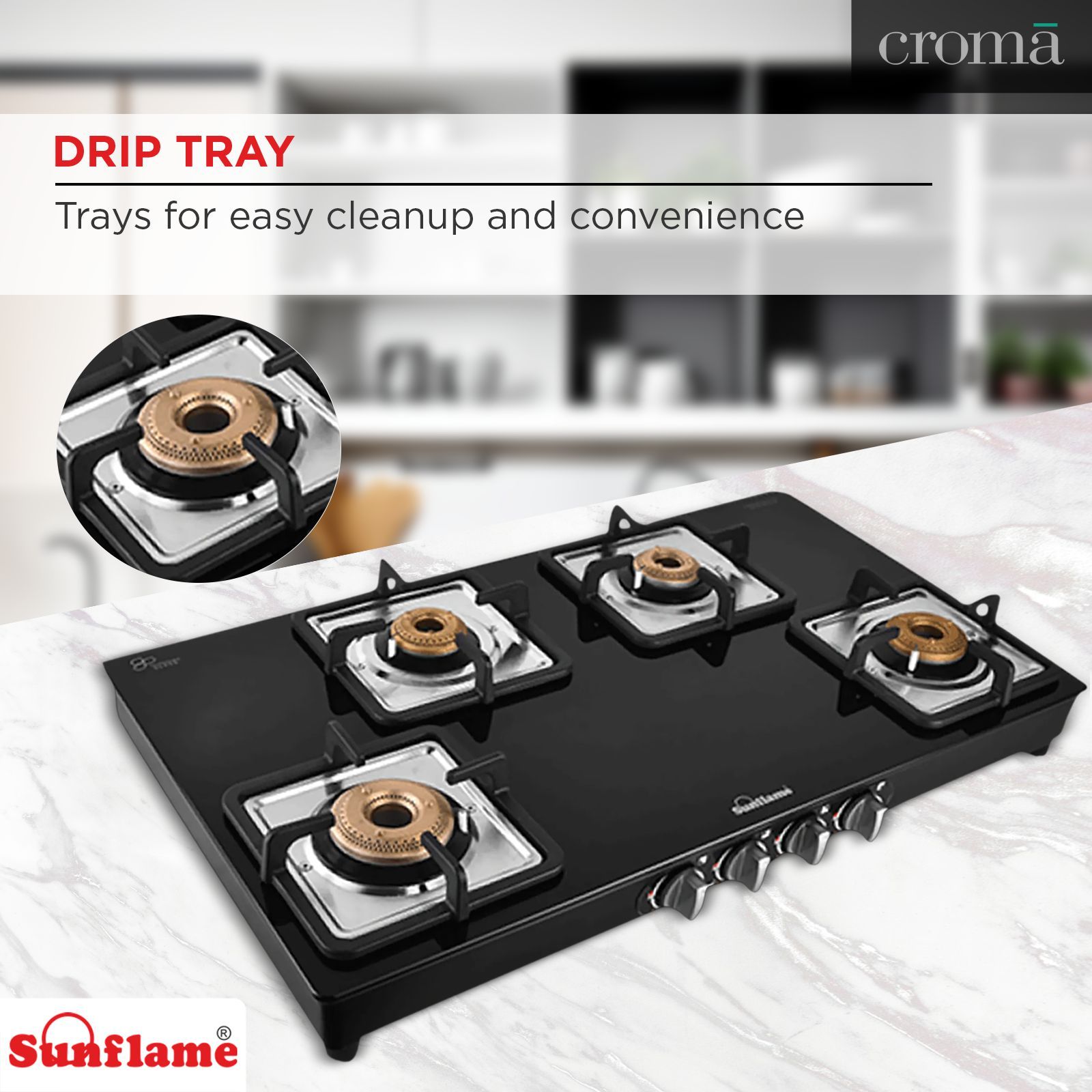 Sunflame GT 4B AURA Toughened Glass Top 4 Burner Manual Gas Stove (Cast Iron Pan Support, Black) Sunflame GT 4B AURA Toughened Glass Top 4 Burner Manual Gas Stove (Cast Iron Pan Support, Black)_12