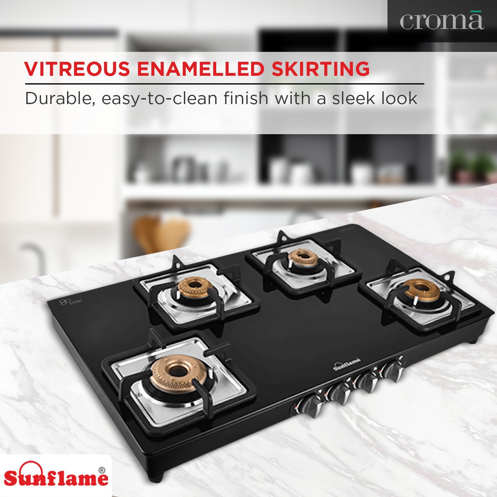 Sunflame GT 4B AURA Toughened Glass Top 4 Burner Manual Gas Stove (Cast Iron Pan Support, Black) Sunflame GT 4B AURA Toughened Glass Top 4 Burner Manual Gas Stove (Cast Iron Pan Support, Black)_13