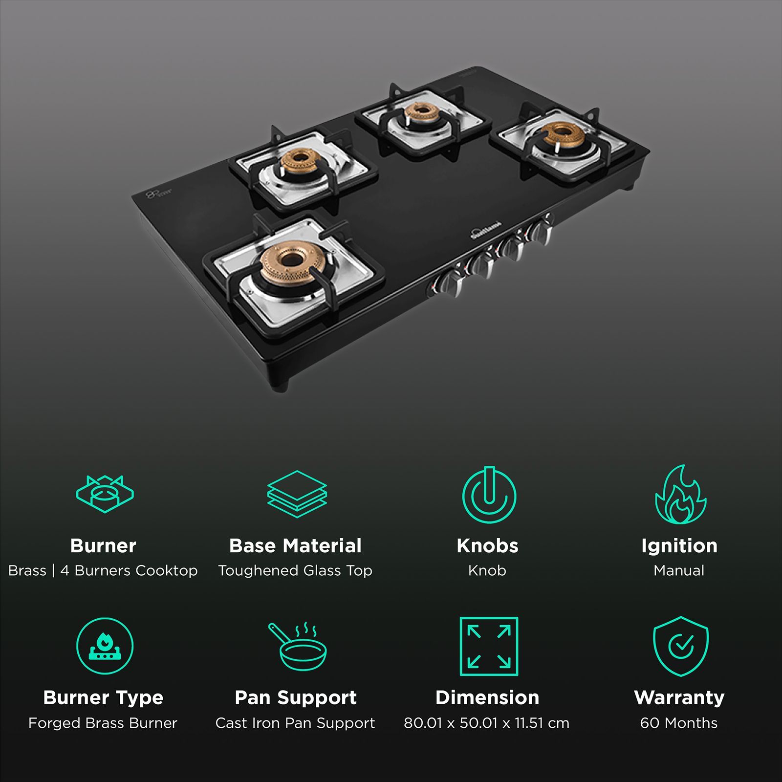 Sunflame GT 4B AURA Toughened Glass Top 4 Burner Manual Gas Stove (Cast Iron Pan Support, Black) Sunflame GT 4B AURA Toughened Glass Top 4 Burner Manual Gas Stove (Cast Iron Pan Support, Black)_3