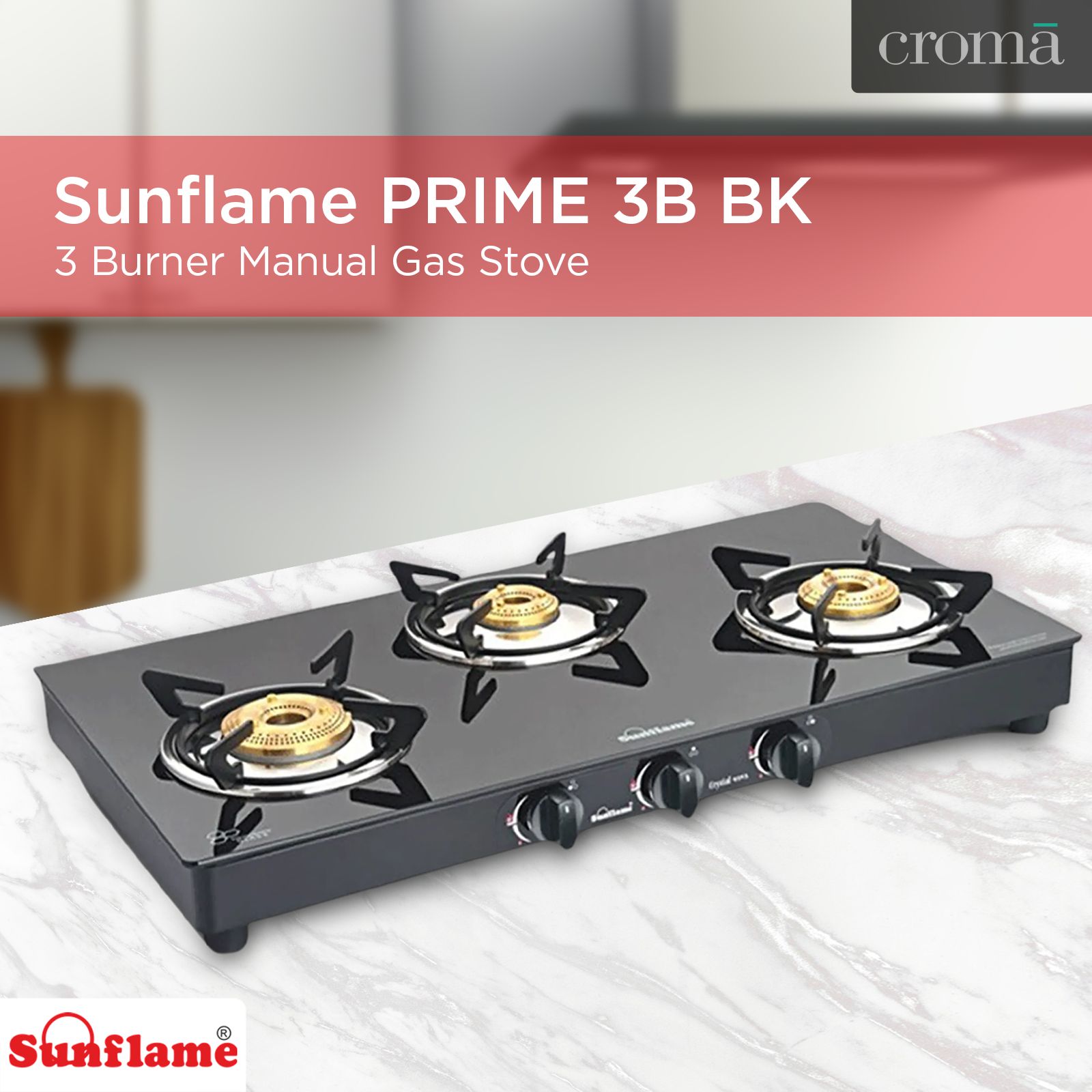 Sunflame PRIME 3B BK Toughened Glass Top 3 Burner Manual Gas Stove (Stainless Steel Drip Tray, Black)_9