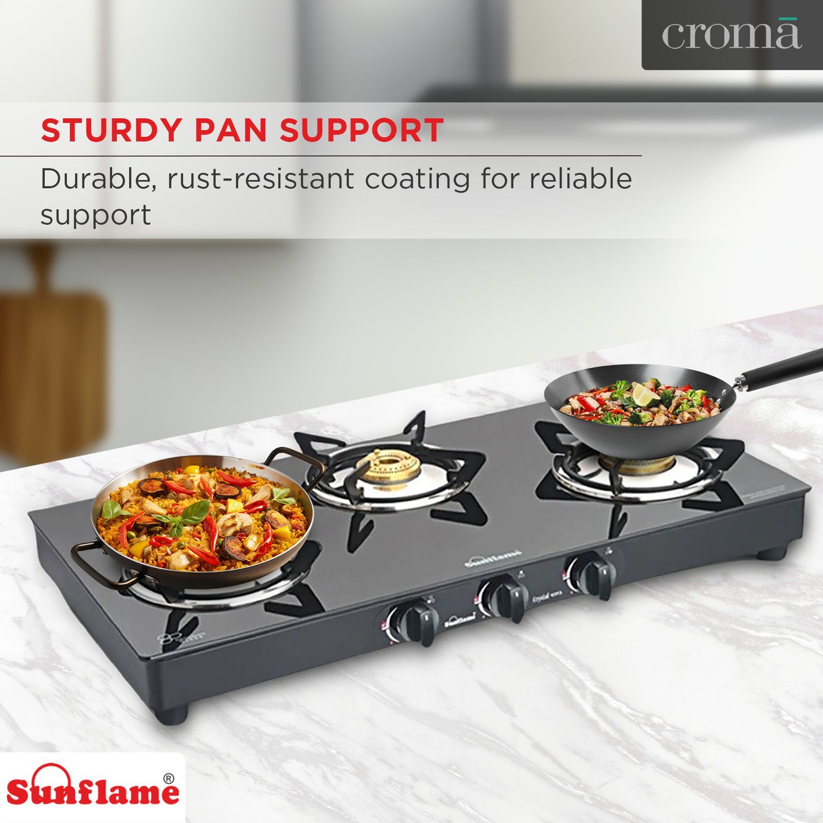 Sunflame PRIME 3B BK Toughened Glass Top 3 Burner Manual Gas Stove (Stainless Steel Drip Tray, Black)_12