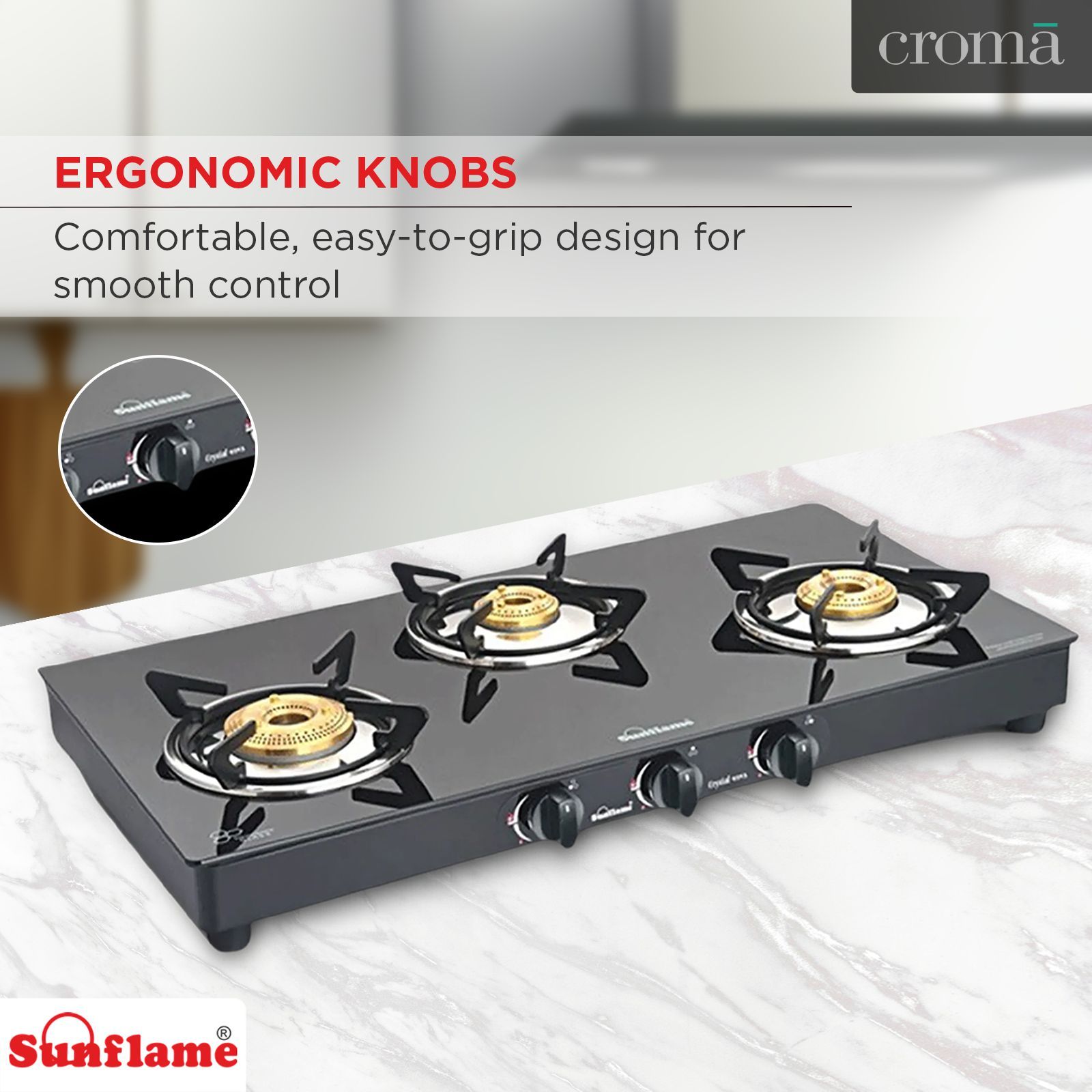 Sunflame PRIME 3B BK Toughened Glass Top 3 Burner Manual Gas Stove (Stainless Steel Drip Tray, Black)_13