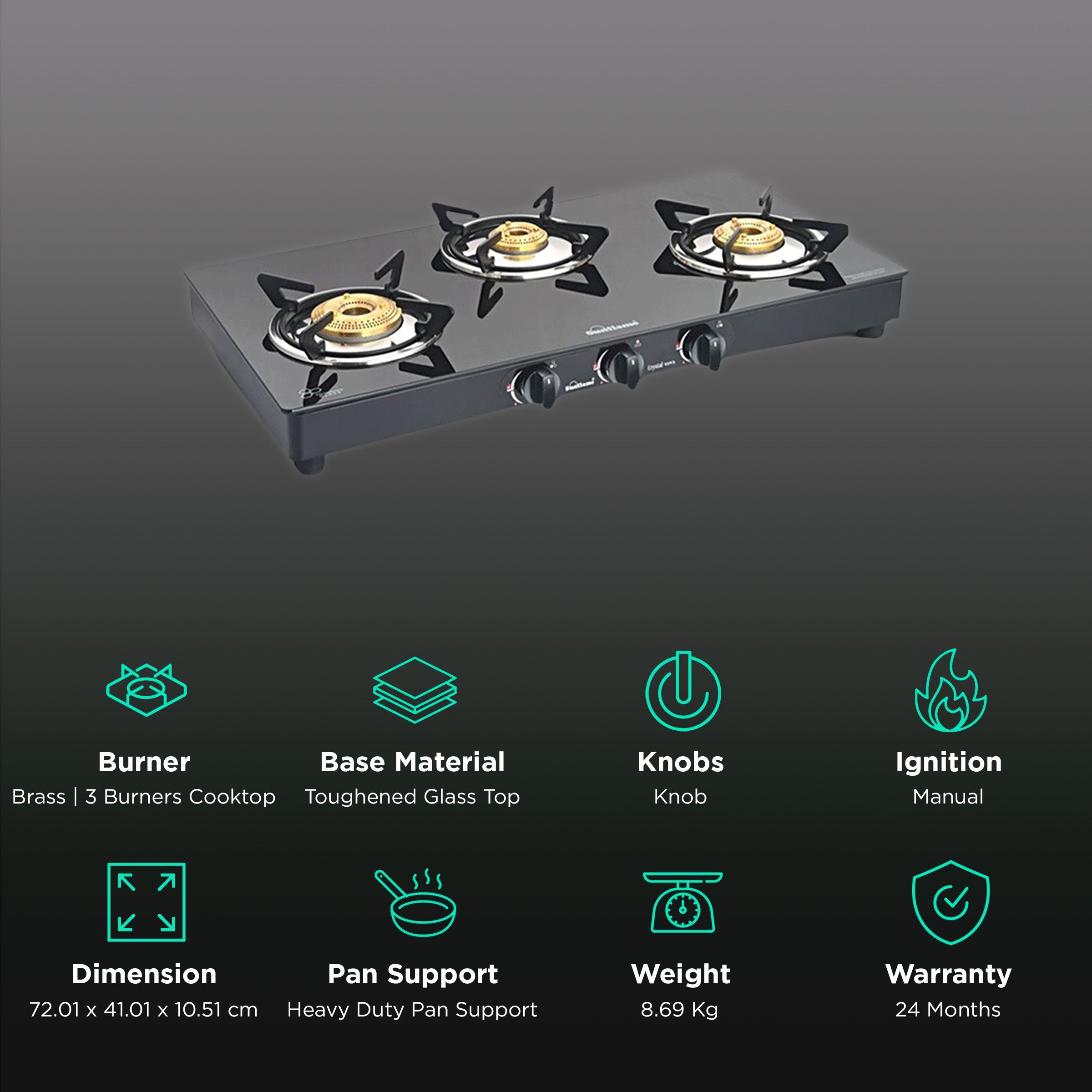 Sunflame PRIME 3B BK Toughened Glass Top 3 Burner Manual Gas Stove (Stainless Steel Drip Tray, Black)_3