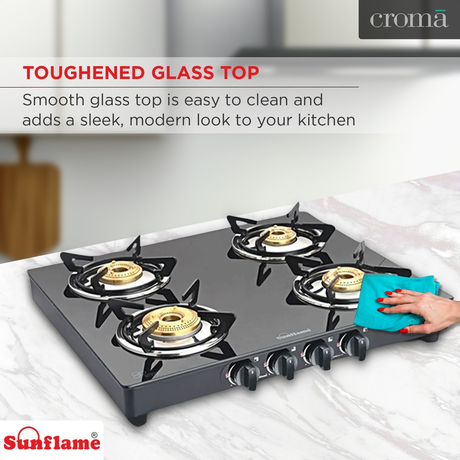 Sunflame PRIME 4B BK Toughened Glass Top 4 Burner Manual Gas Stove (Vitreous Enamelled Skirting, Black)_6