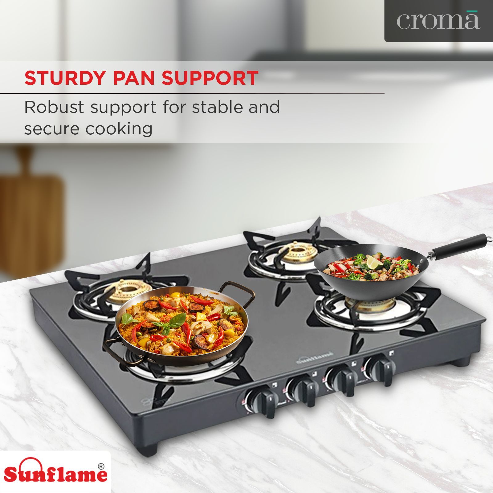 Sunflame PRIME 4B BK Toughened Glass Top 4 Burner Manual Gas Stove (Vitreous Enamelled Skirting, Black)_7