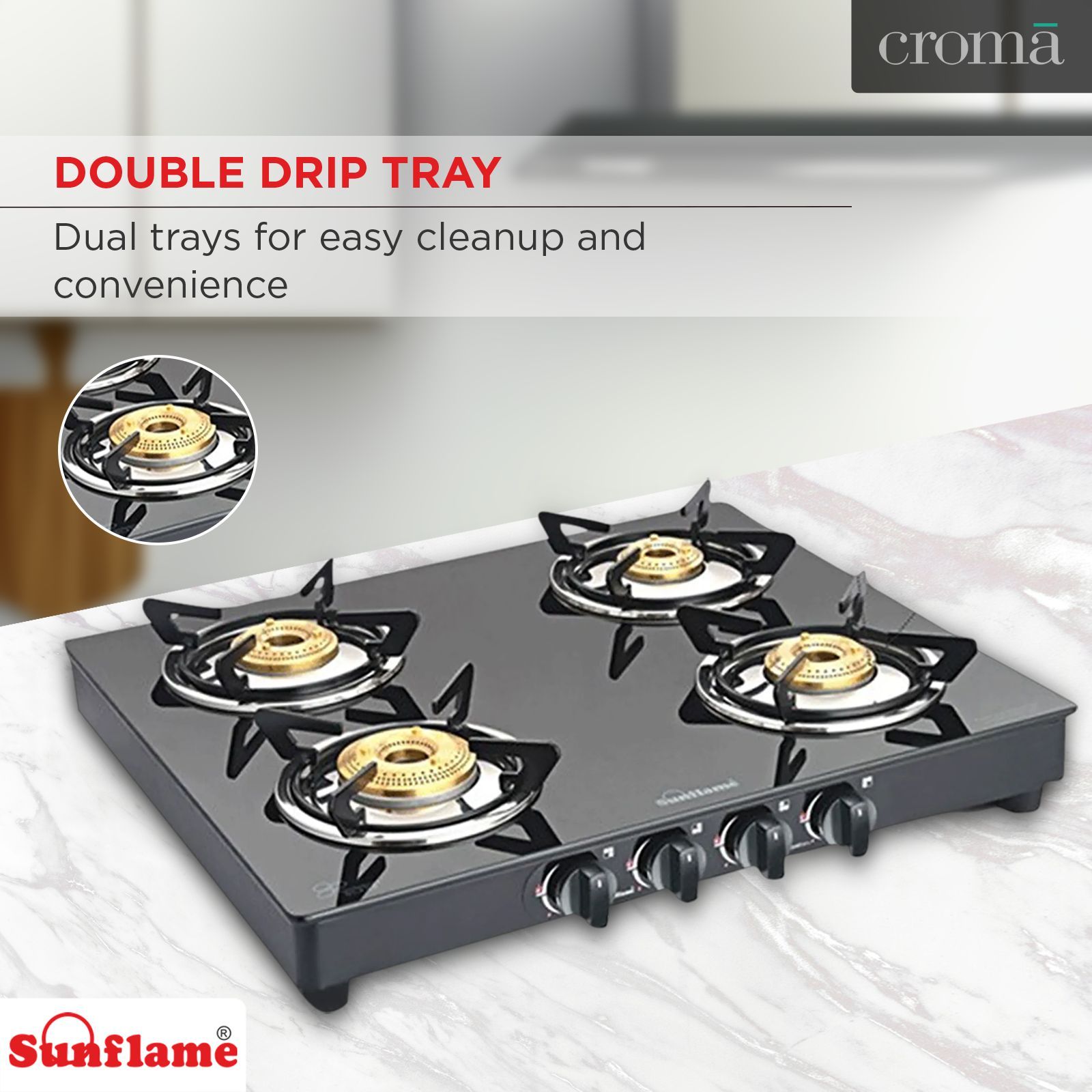 Sunflame PRIME 4B BK Toughened Glass Top 4 Burner Manual Gas Stove (Vitreous Enamelled Skirting, Black)_8