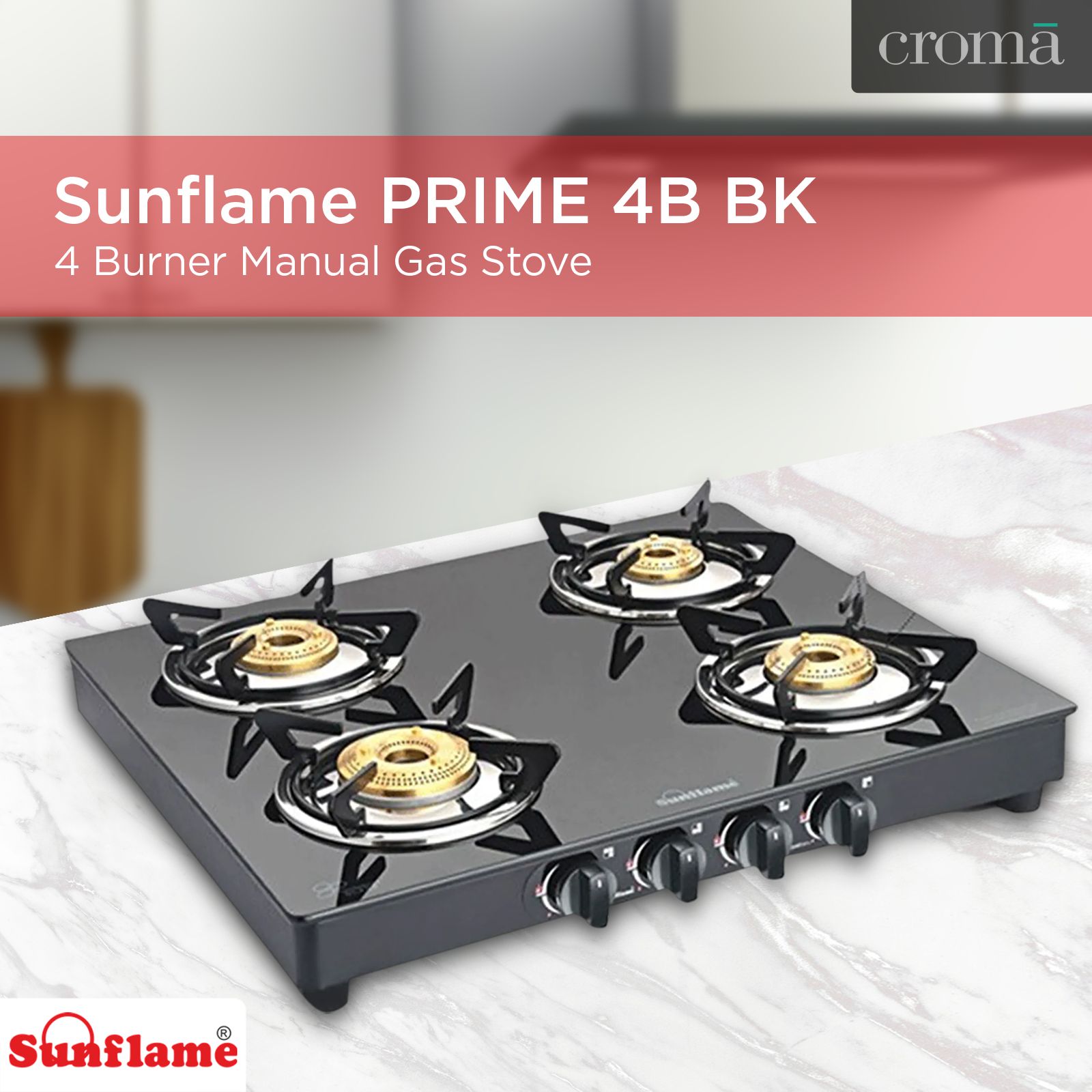 Sunflame PRIME 4B BK Toughened Glass Top 4 Burner Manual Gas Stove (Vitreous Enamelled Skirting, Black)_4