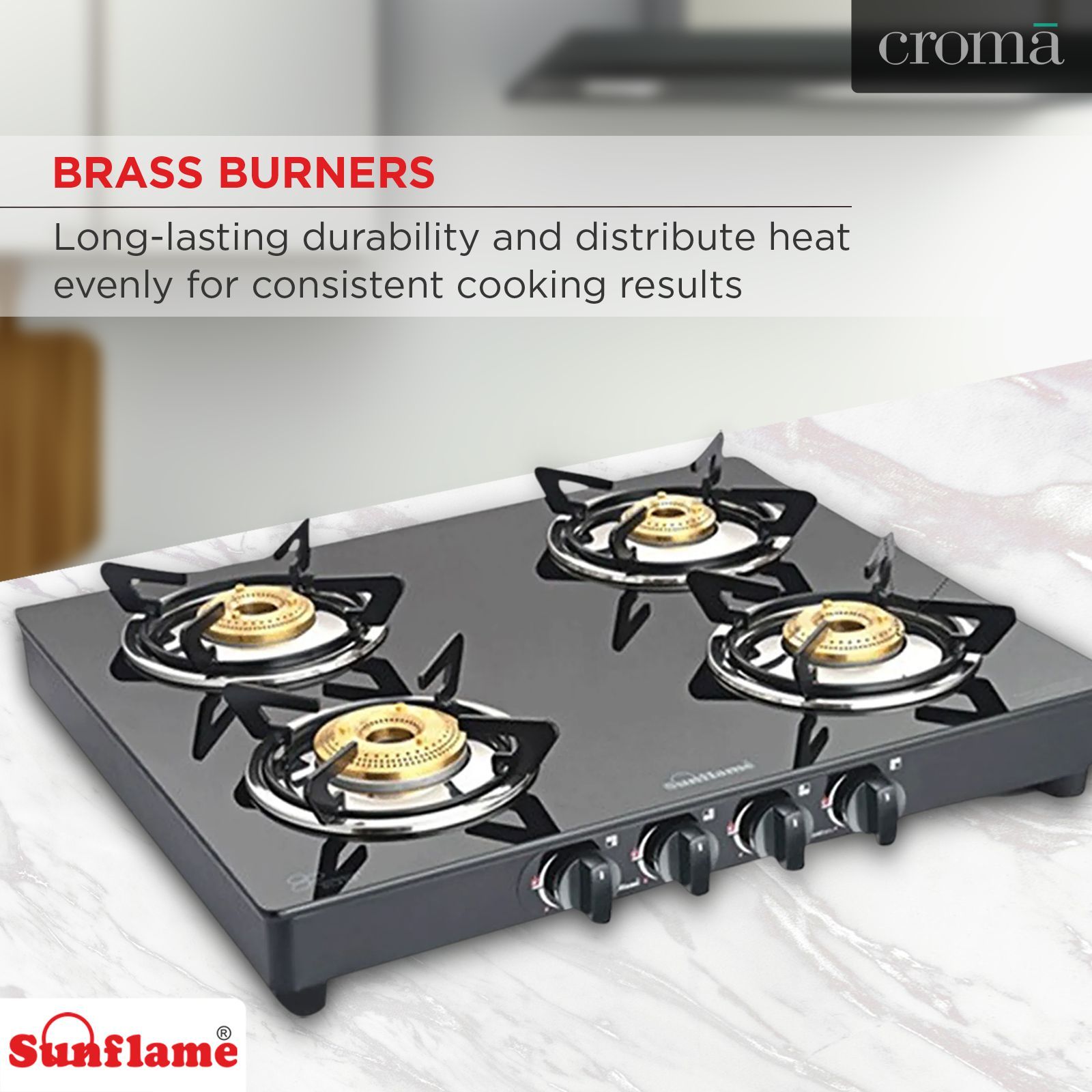 Sunflame PRIME 4B BK Toughened Glass Top 4 Burner Manual Gas Stove (Vitreous Enamelled Skirting, Black)_5