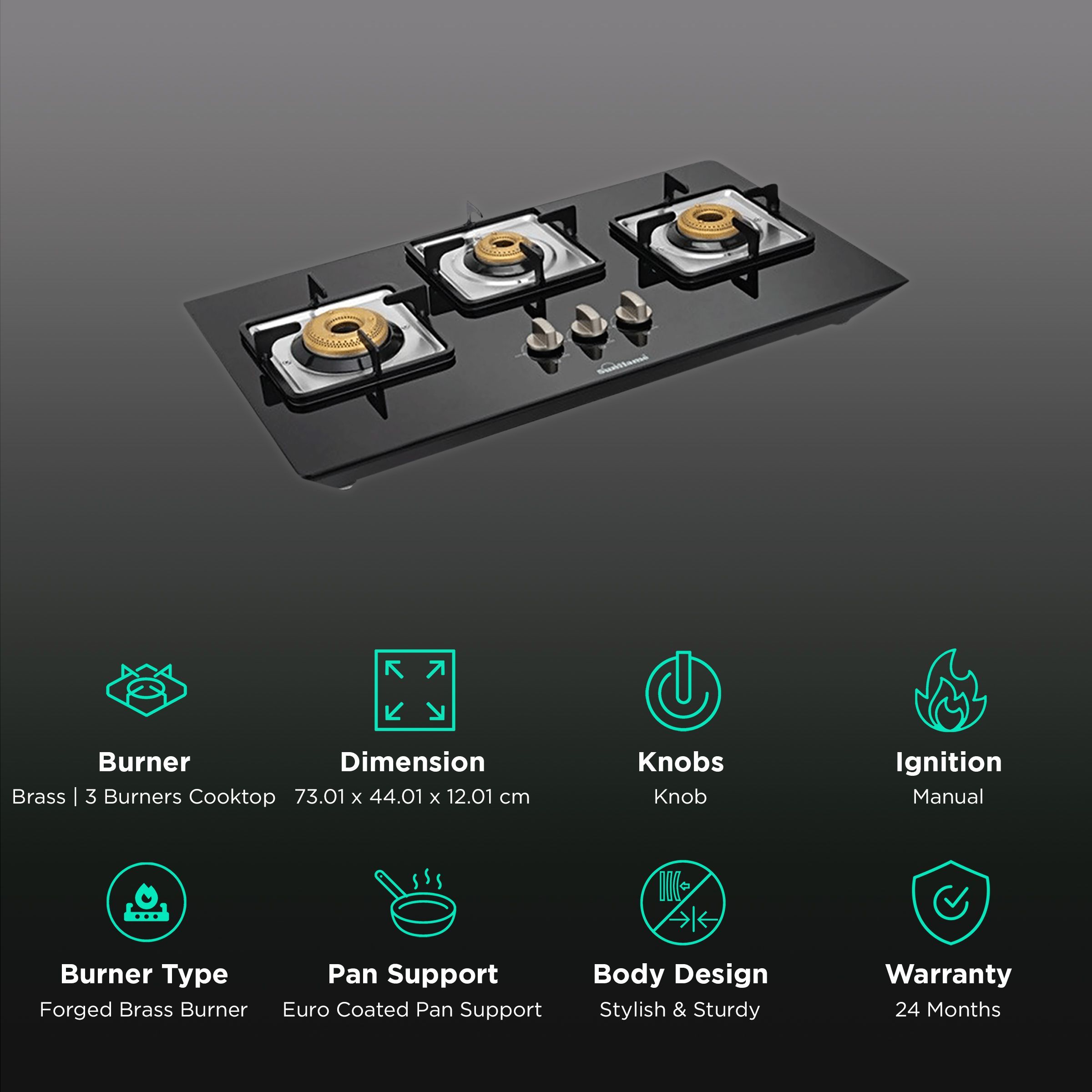 Sunflame CT-ELITE-3BR 3 Burner Manual Gas Stove (Euro Coated Pan Supports, Black)_3