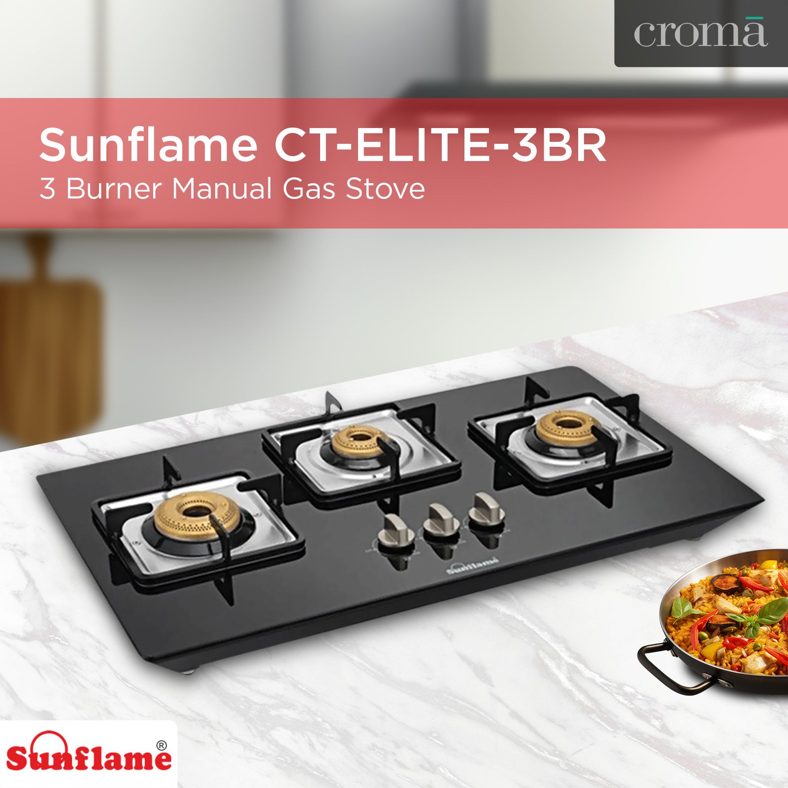 Sunflame CT-ELITE-3BR 3 Burner Manual Gas Stove (Euro Coated Pan Supports, Black)_4