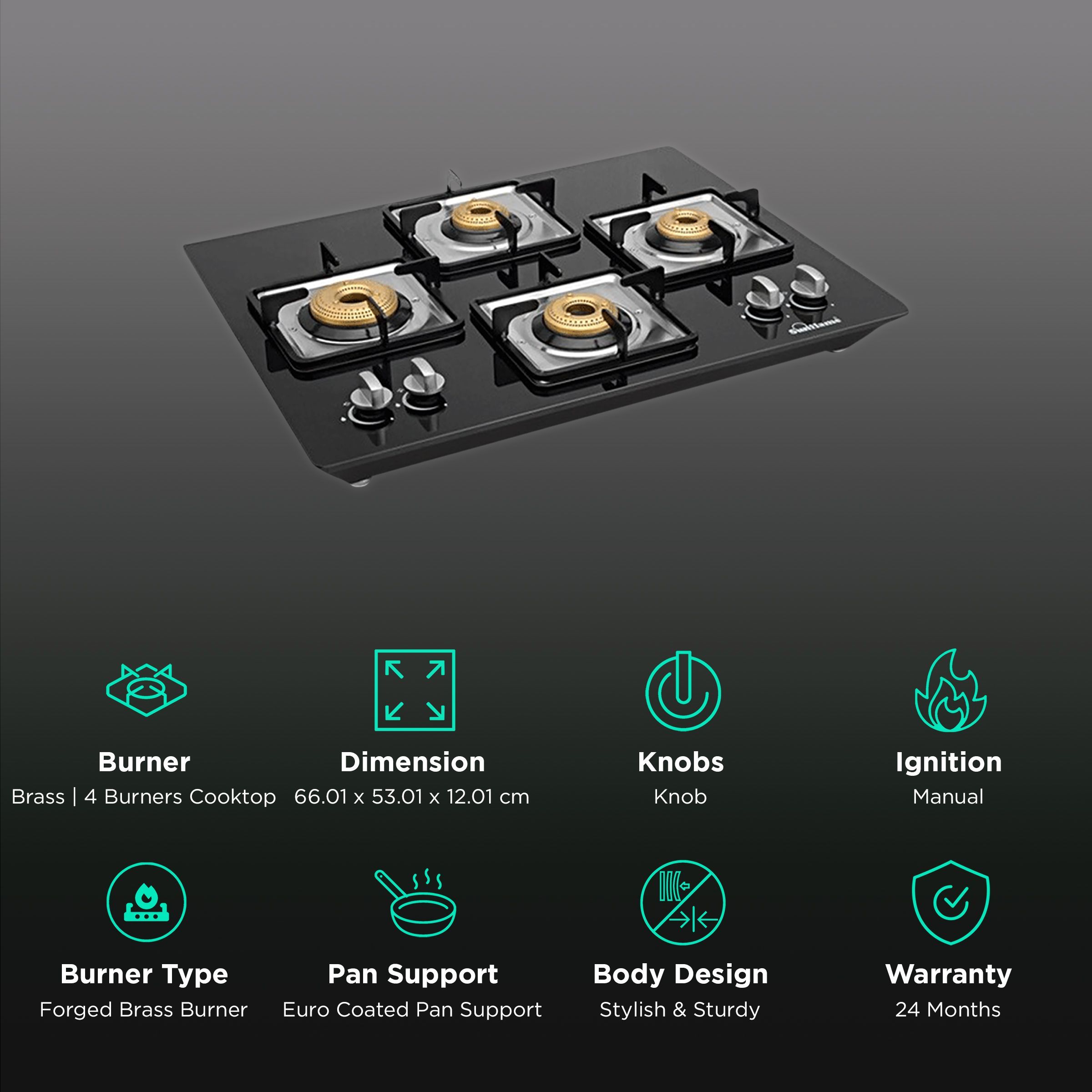 Sunflame CT-ELITE-4BR 4 Burner Manual Gas Stove (Euro Coated Pan Supports, Black)_3