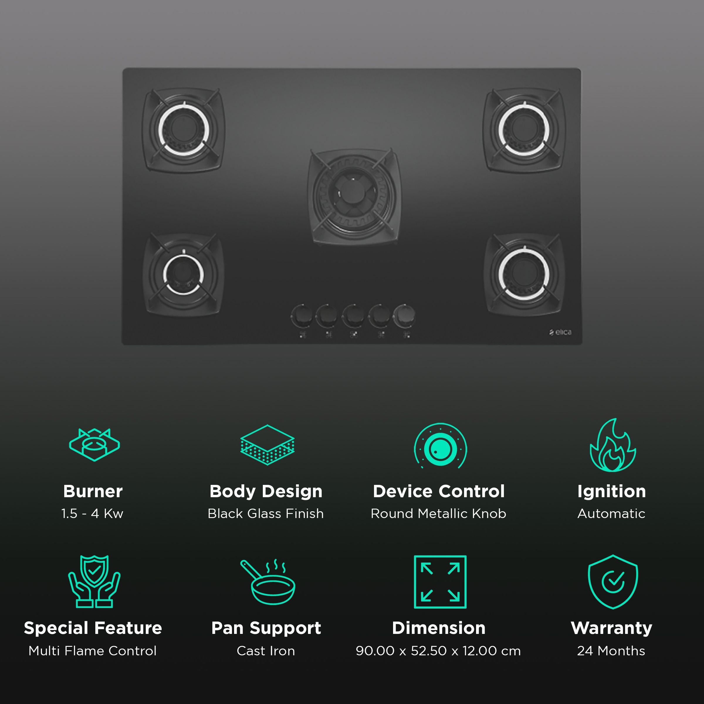 Elica DT FLEXI MFC 5B 90 SWIRL 5 Burner Automatic Hob (Cast Iron Grid, Black)_3