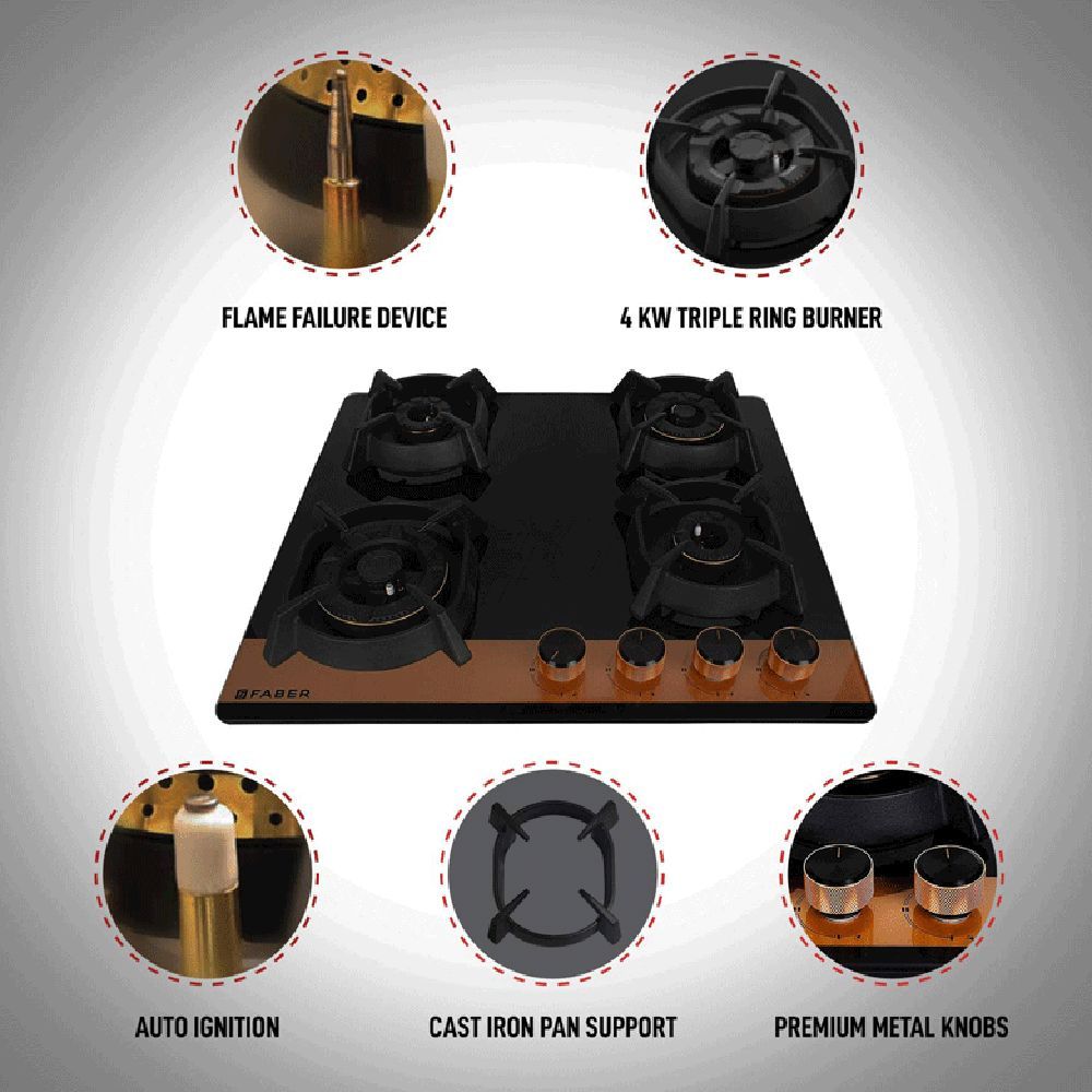 Faber UTOPIA HT 604 CRS BR CI AI Toughened Glass Top 4 Burner Automatic Electric Hob (Heat Resistant Metal Knob, Black)_7