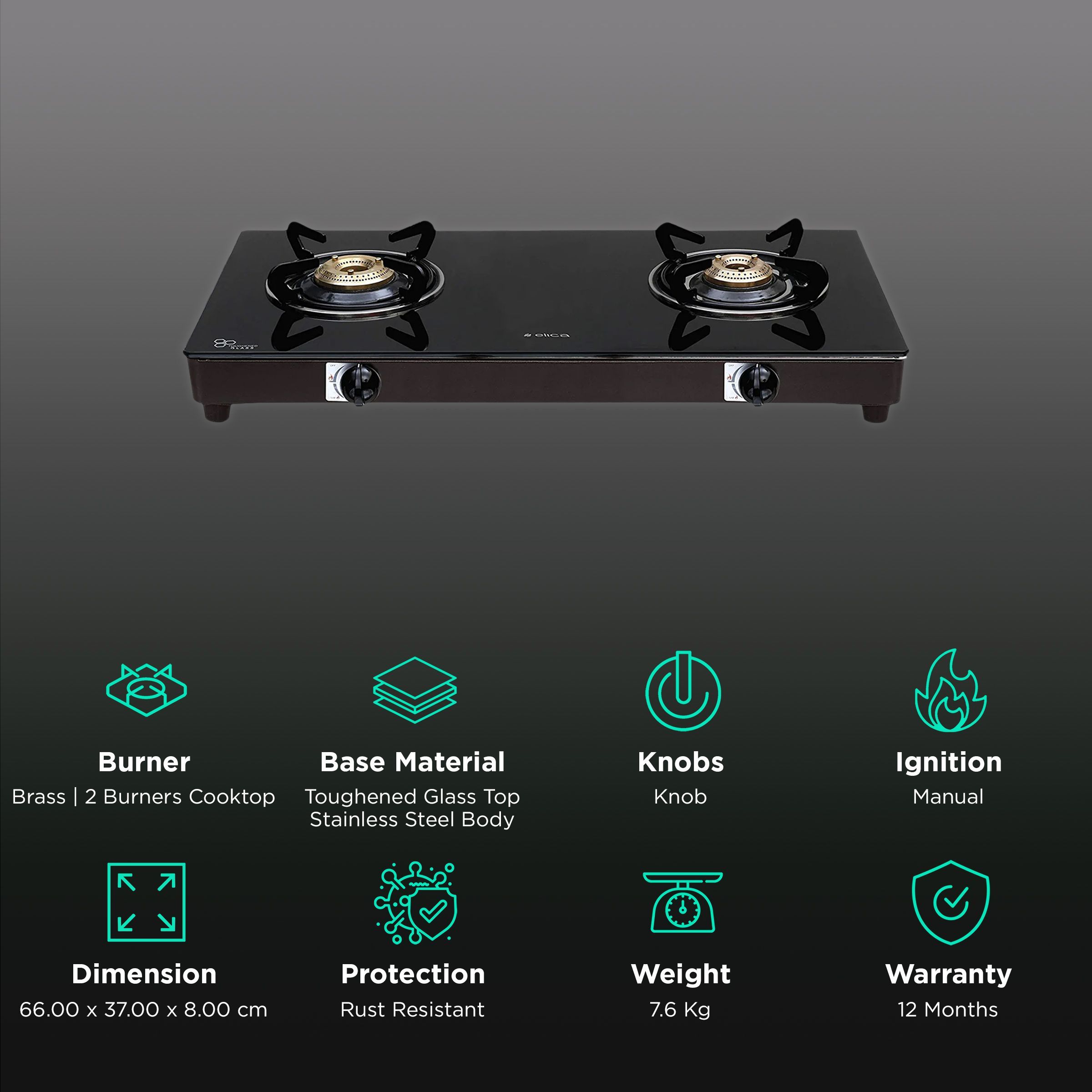 elica 662 CT VETRO Toughened Glass Top 2 Burner Manual Gas Stove (Round Euro Coated Grid, Black) elica 662 CT VETRO Toughened Glass Top 2 Burner Manual Gas Stove (Round Euro Coated Grid, Black)_3