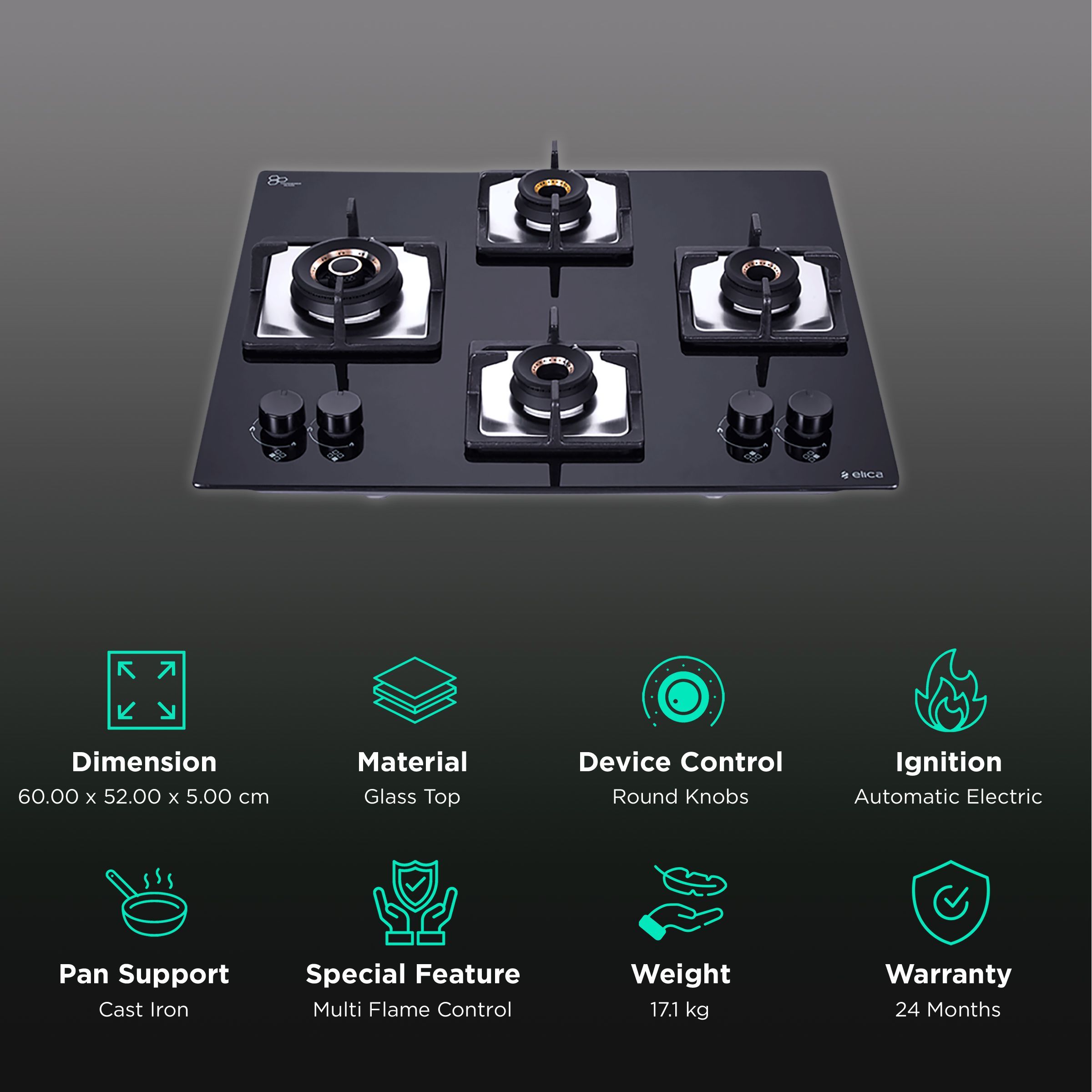 Elica FLEXI AB HCT 460 Glass Top 4 Burner Automatic Electric Hob (Multi Flame Control, Black)_3