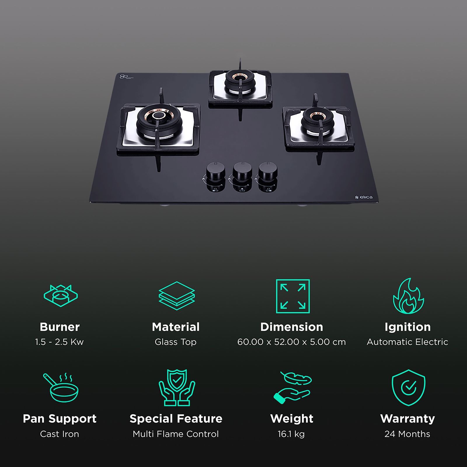 Elica FLEXI AB HCT 360 Glass Top 3 Burner Automatic Electric Hob (Cast Iron Grid, Black)_3