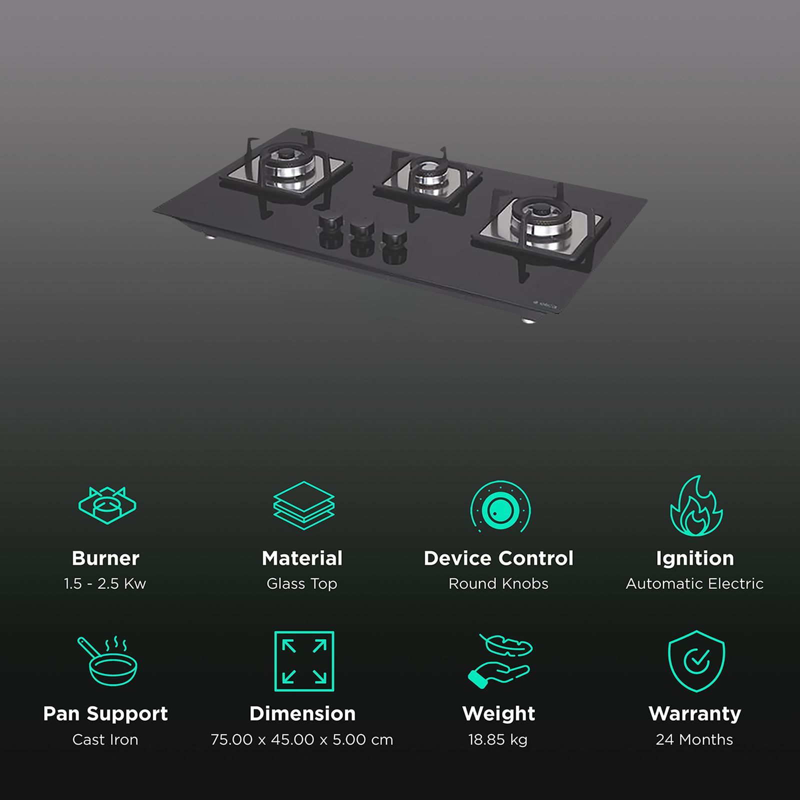 Elica FLEXI AB HCT 375 DX Glass Top 3 Burner Automatic Electric Hob (Cast Iron Grid, Black)_3