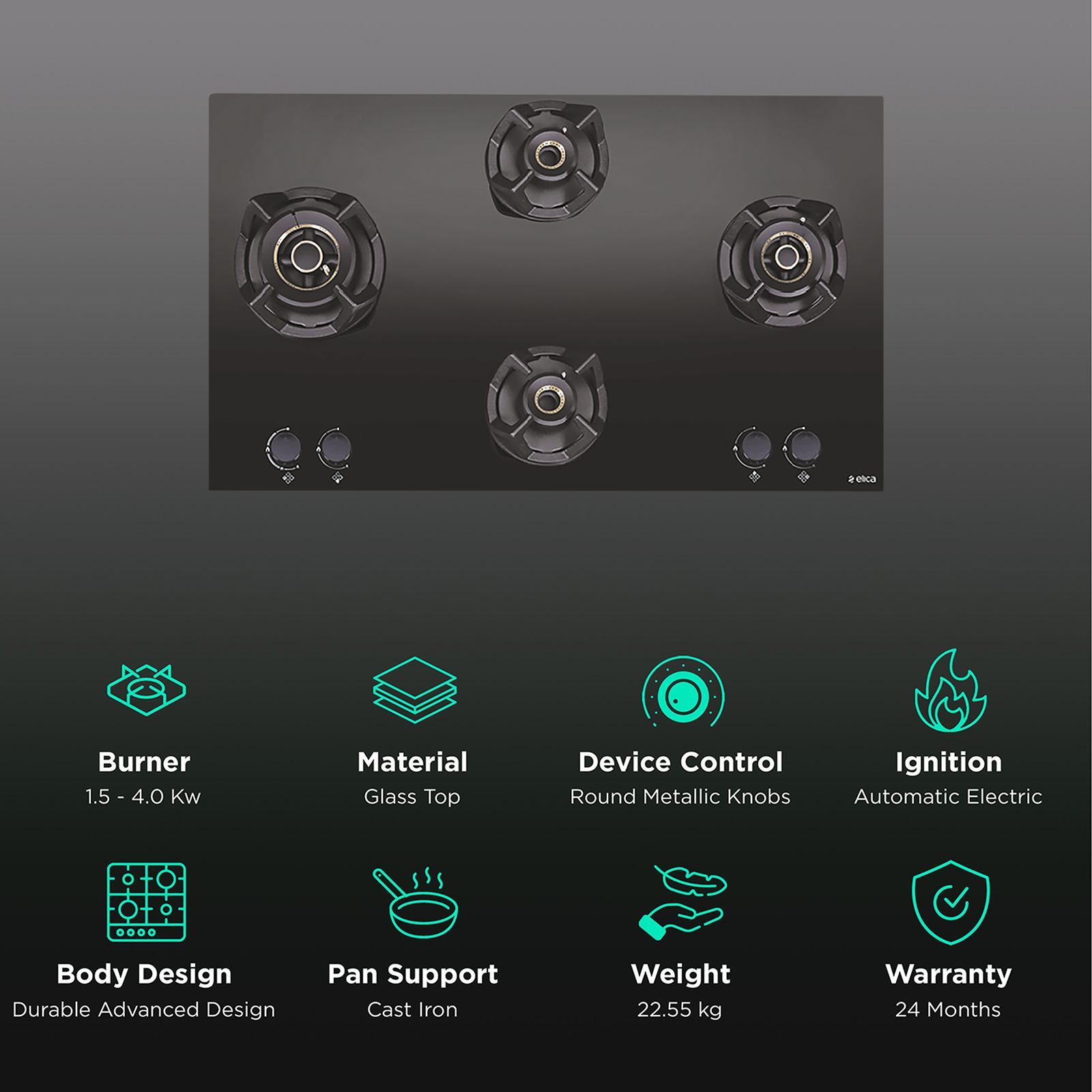 Elica CLASSIC AB MFC 4B 91 MT Glass Top 4 Burner Automatic Electric Hob (Round Metallic Knob, Black)_3