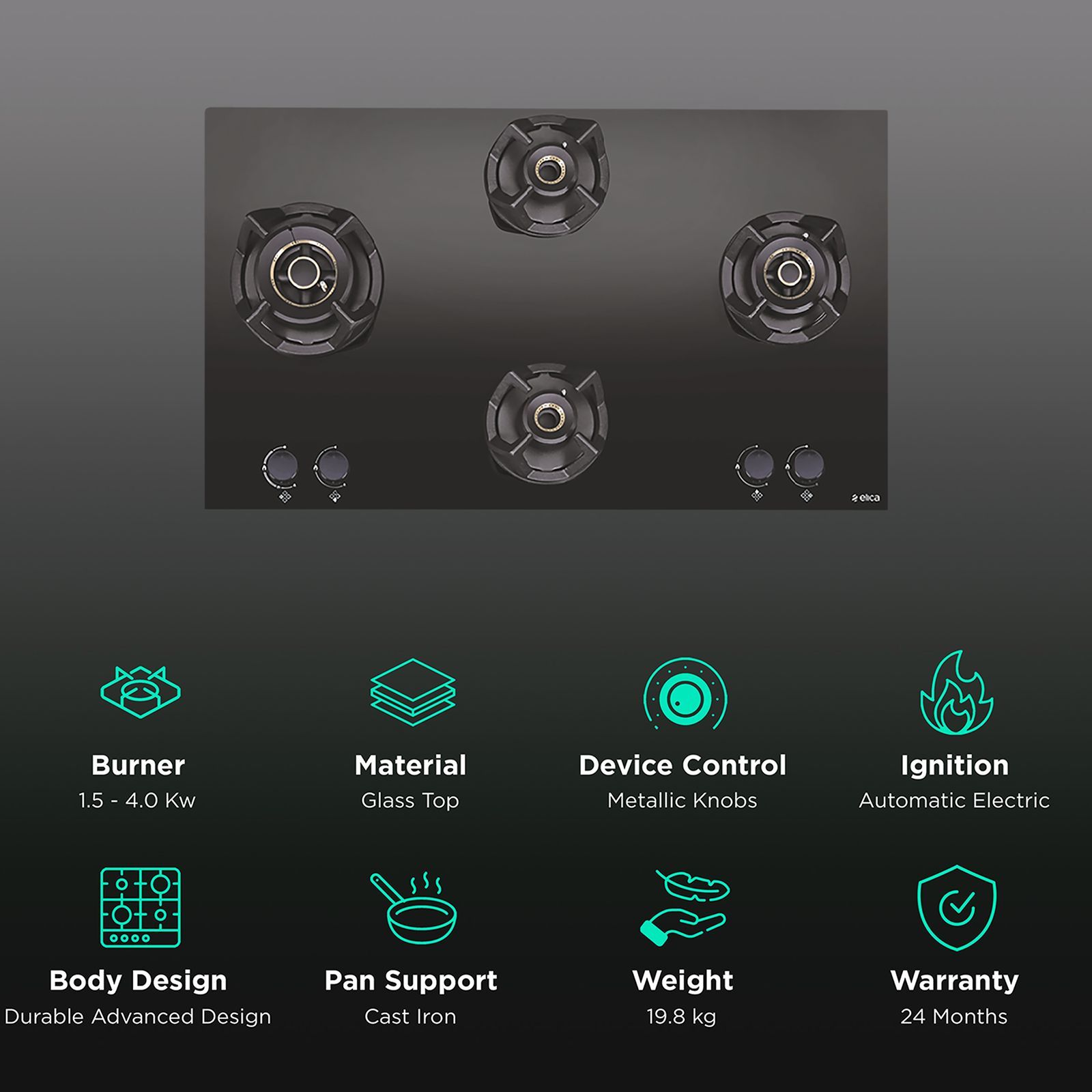 Elica CLASSIC AB MFC 4B 70 MT Glass Top 4 Burner Automatic Electric Hob (Round Metallic Knob, Black)_3