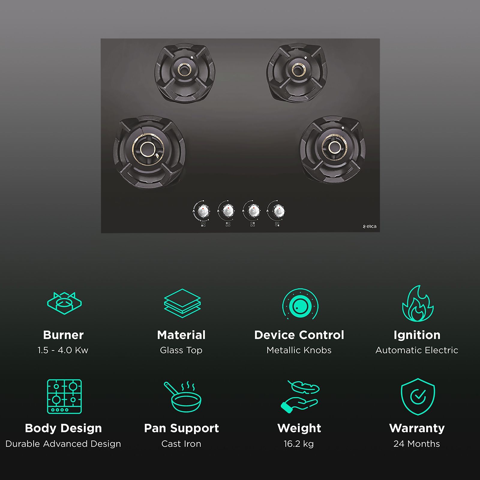 Elica CLASSIC AB MFC 4B 75 MT Glass Top 4 Burner Automatic Electric Hob (Round Metallic Knob, Black)_3