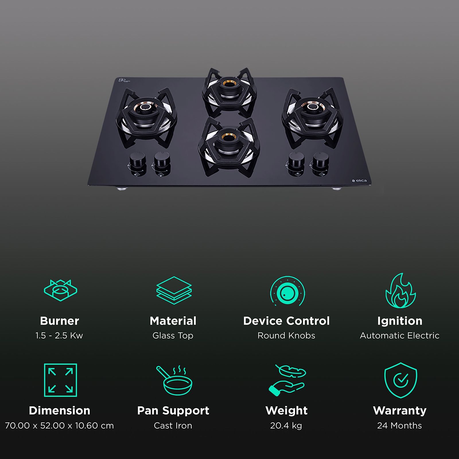 Elica CLASSIC FLEXI AB HCT 4B 70 DX Glass Top 4 Burner Automatic Electric Hob (Cast Iron Grid, Black)_3