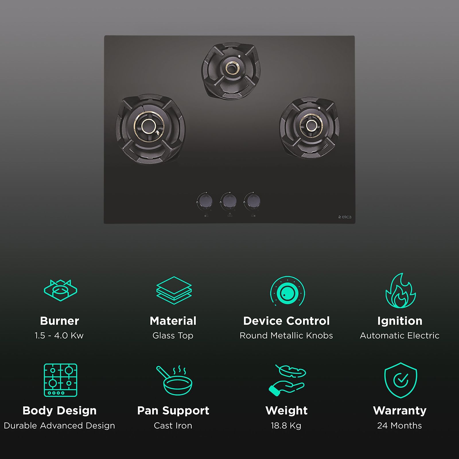 Elica CLASSIC AB MFC 3B 70 MT Glass Top 3 Burner Automatic Electric Hob (Round Metallic Knob, Black)_3