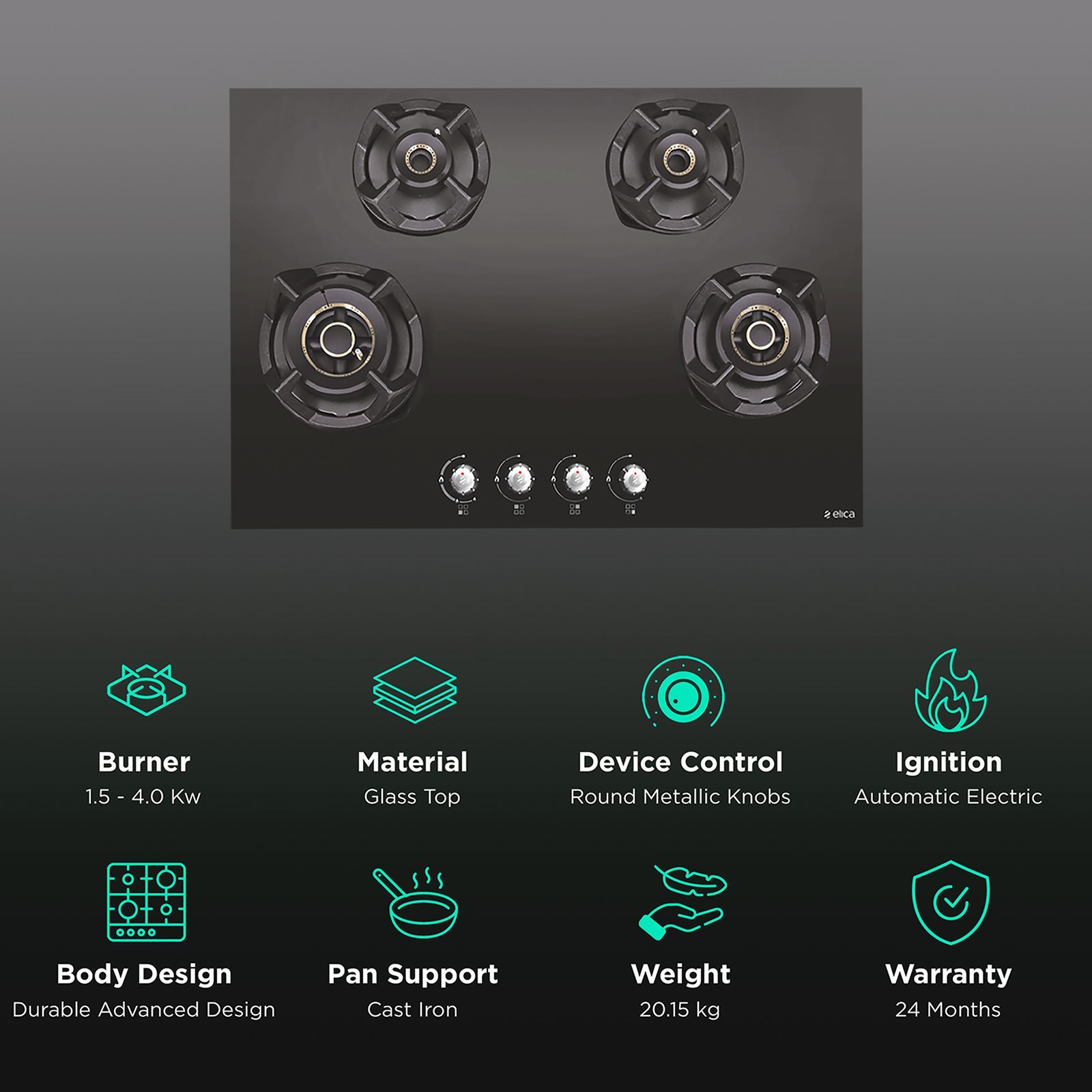 Elica CLASSIC AB MFC 4B 90 R MT Glass Top 4 Burner Automatic Electric Hob (Round Metallic Knob, Black)_3