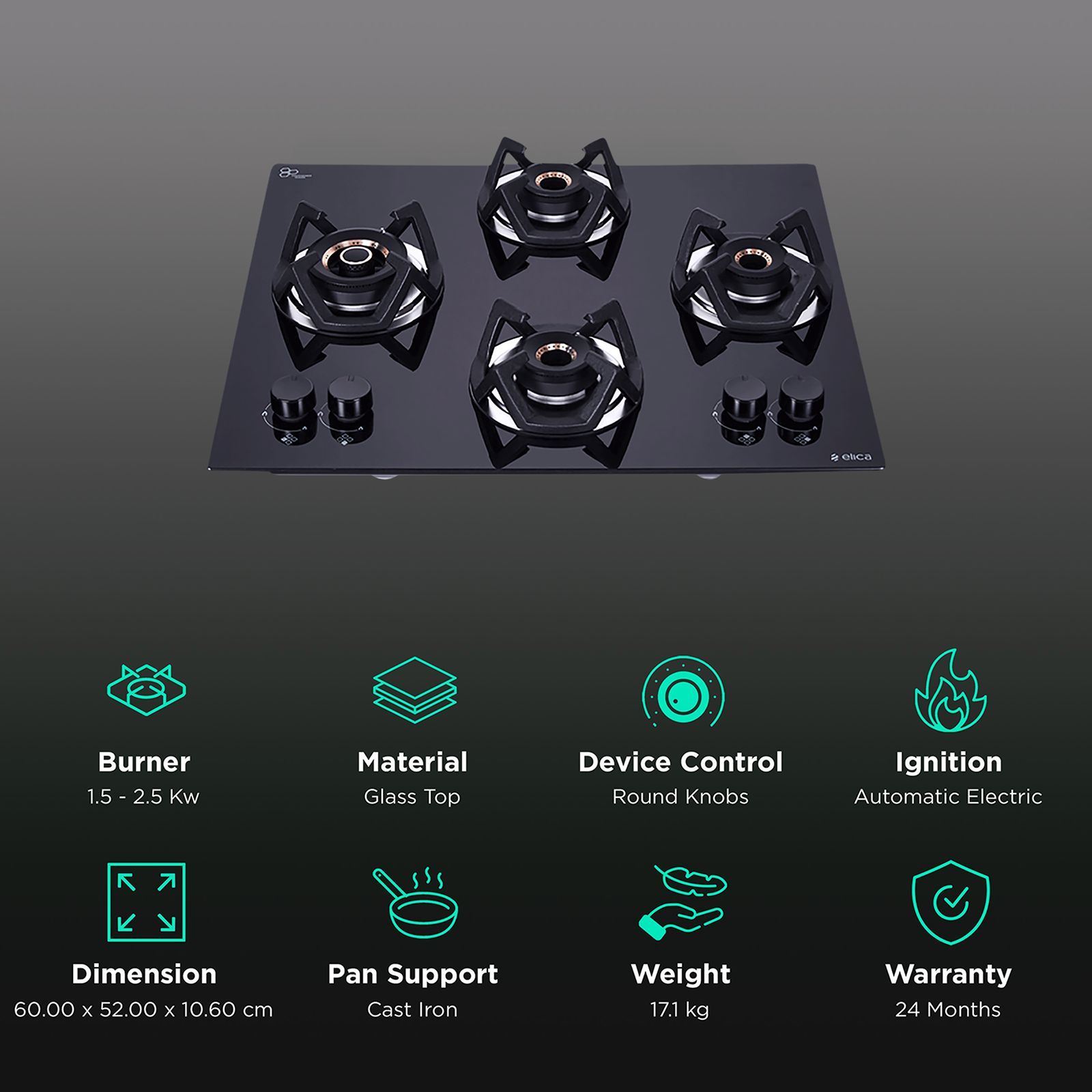 Elica CLASSIC FLEXI AB HCT 4B 60 Glass Top 4 Burner Automatic Electric Hob (Cast Iron Grid, Black)_3