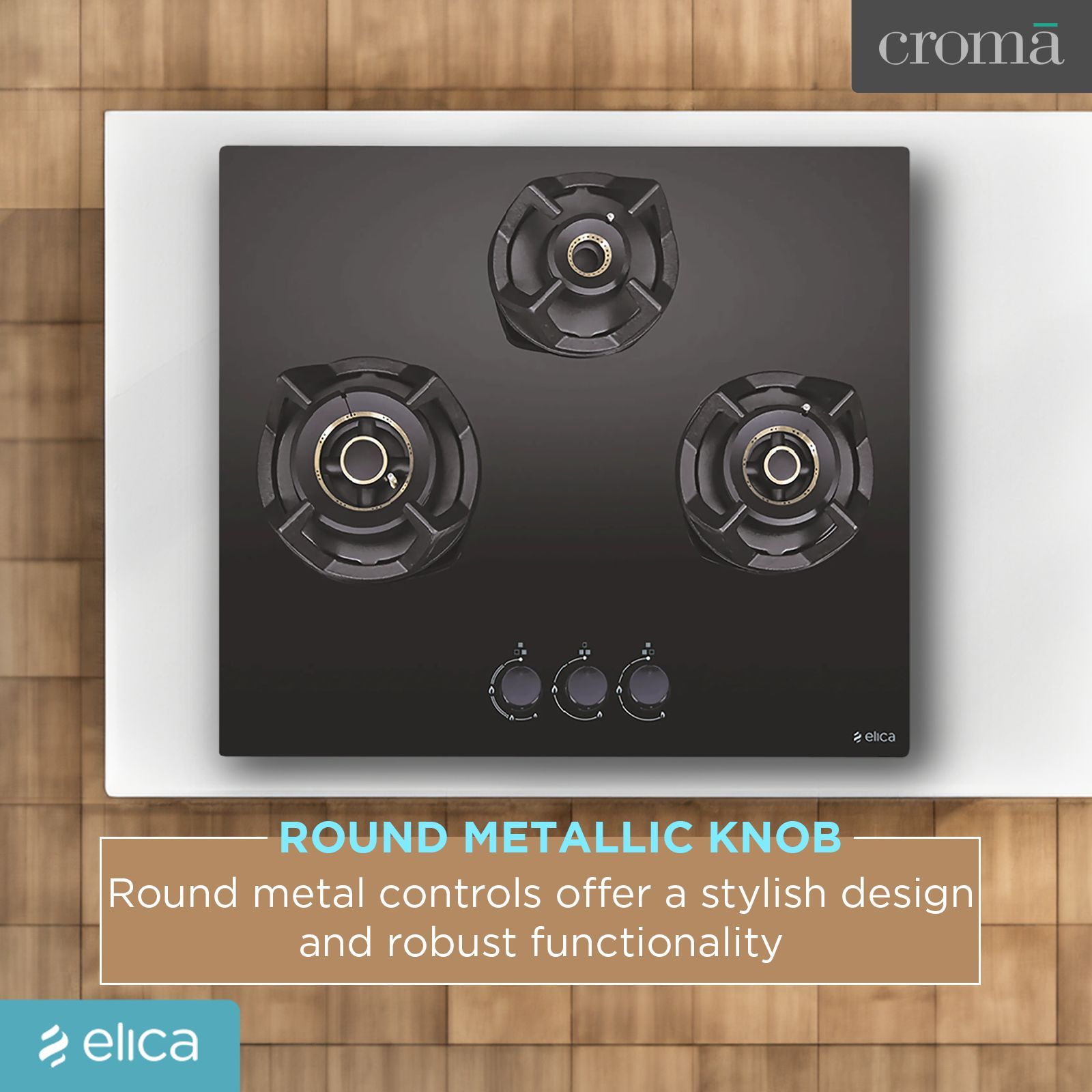 Elica CLASSIC AB MFC 3B 60 MT Glass Top 3 Burner Automatic Electric Hob (Round Metallic Knob, Black)_7
