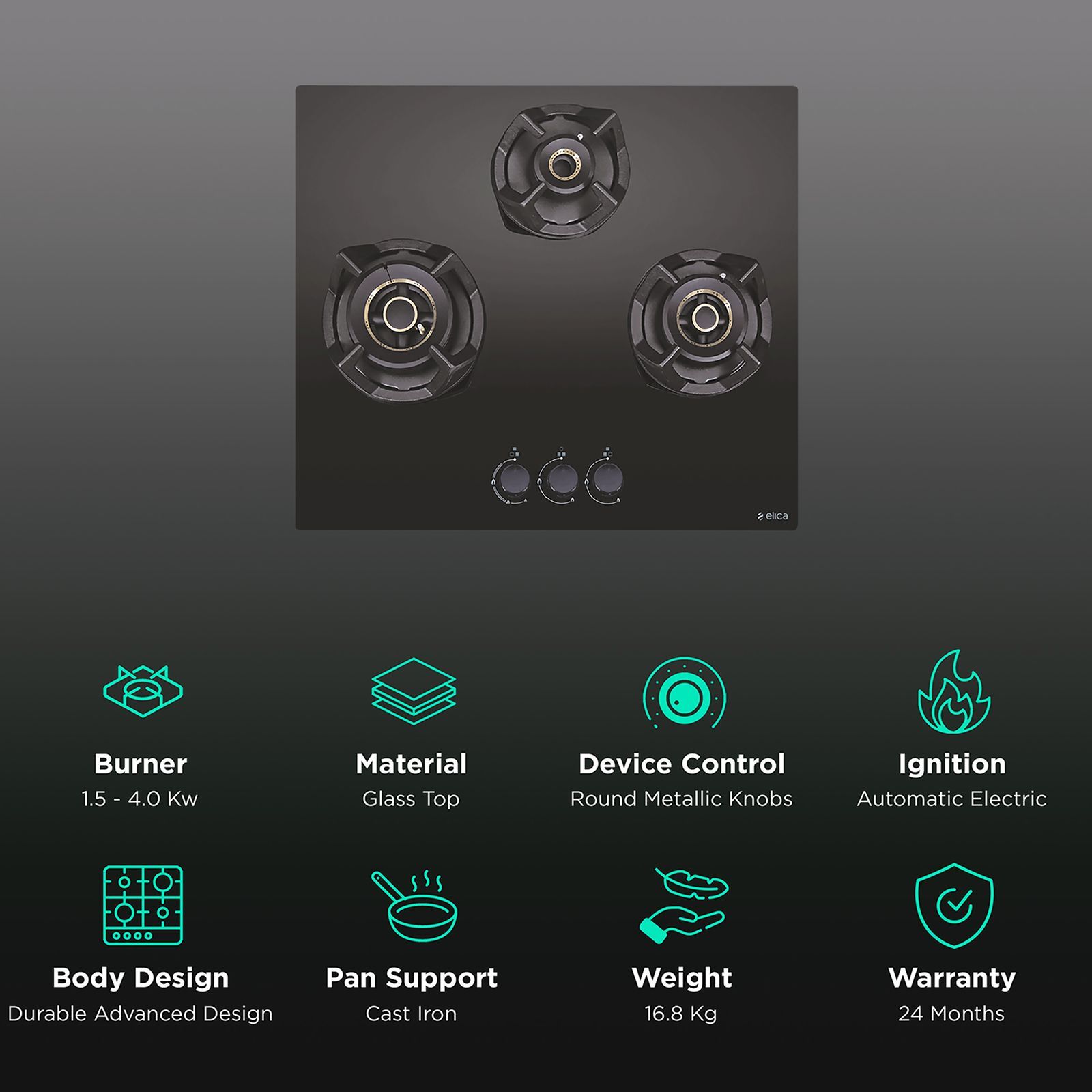 Elica CLASSIC AB MFC 3B 60 MT Glass Top 3 Burner Automatic Electric Hob (Round Metallic Knob, Black)_3