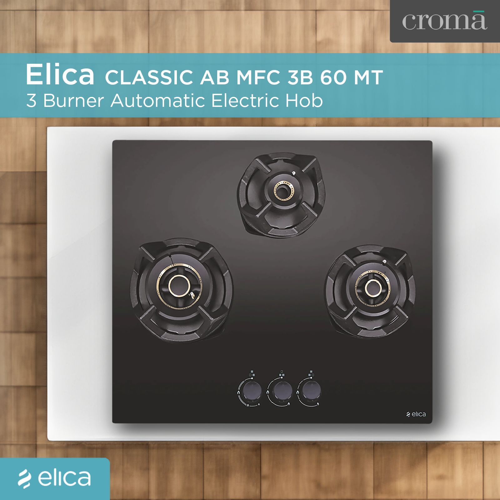Elica CLASSIC AB MFC 3B 60 MT Glass Top 3 Burner Automatic Electric Hob (Round Metallic Knob, Black)_4