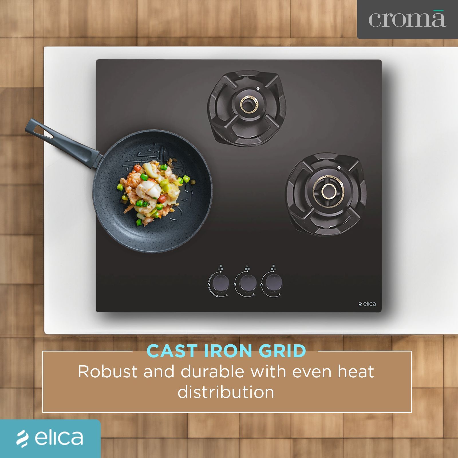 Elica CLASSIC AB MFC 3B 60 MT Glass Top 3 Burner Automatic Electric Hob (Round Metallic Knob, Black)_5