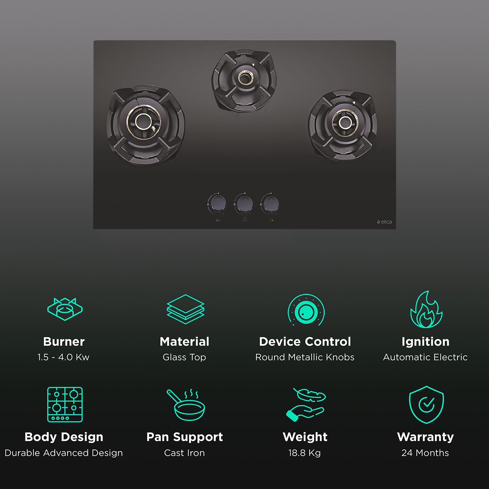 Elica CLASSIC AB MFC 3B 75 MT Glass Top 3 Burner Automatic Electric Hob (Multi Flame Control, Black)_3