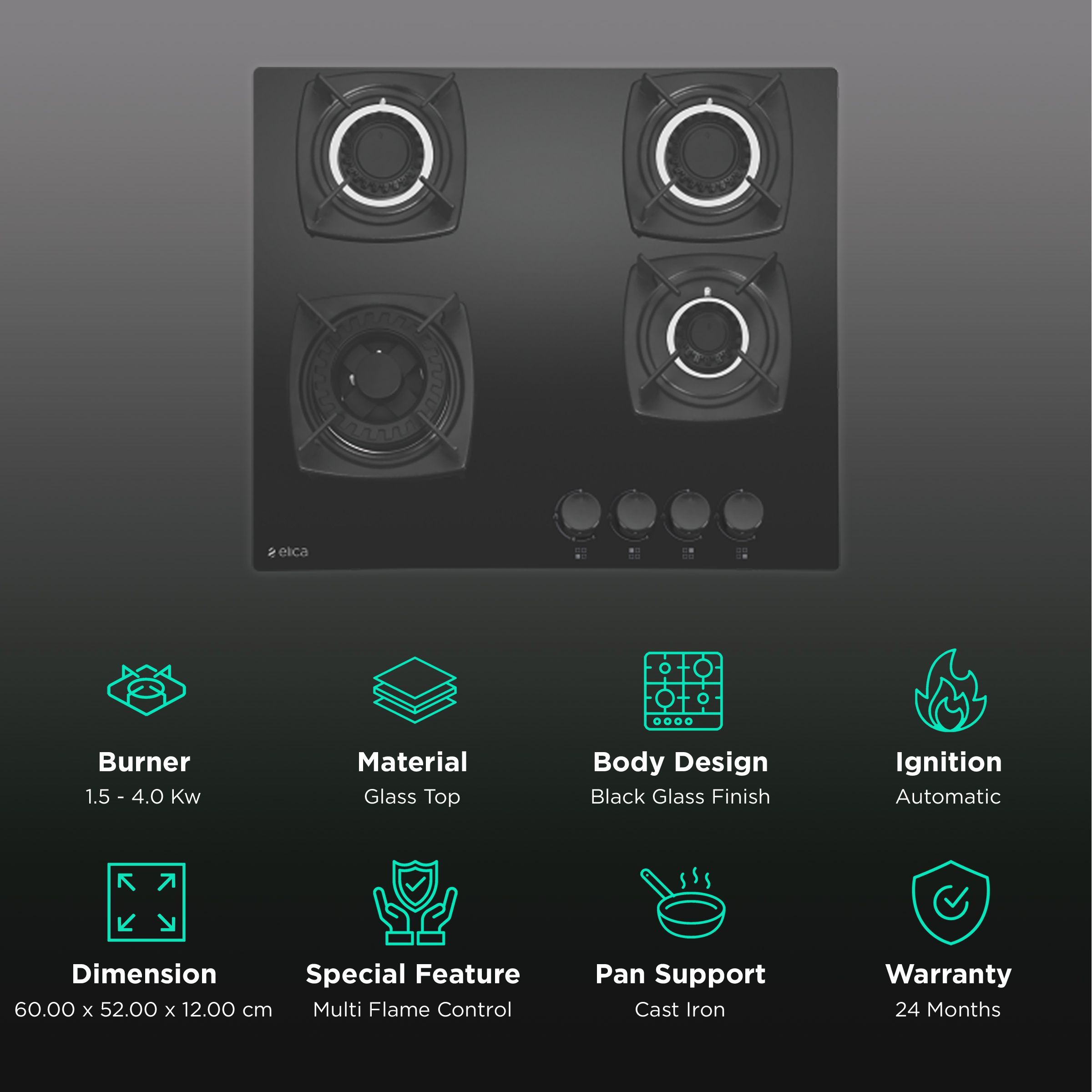 Elica DT MFC 4B 60 SWIRL Glass Top 4 Burner Automatic Hob (Cast Iron Grid, Black)_3