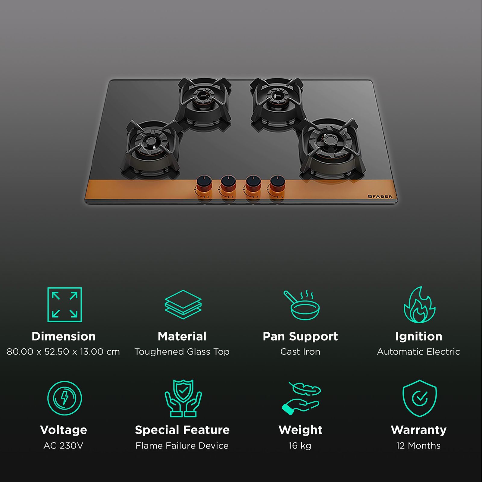 Faber UTOPIA HT 804 BR CI Toughened Glass Top 4 Burner Automatic Electric Hob (Heat Resistant Metal Knob, Black)_3