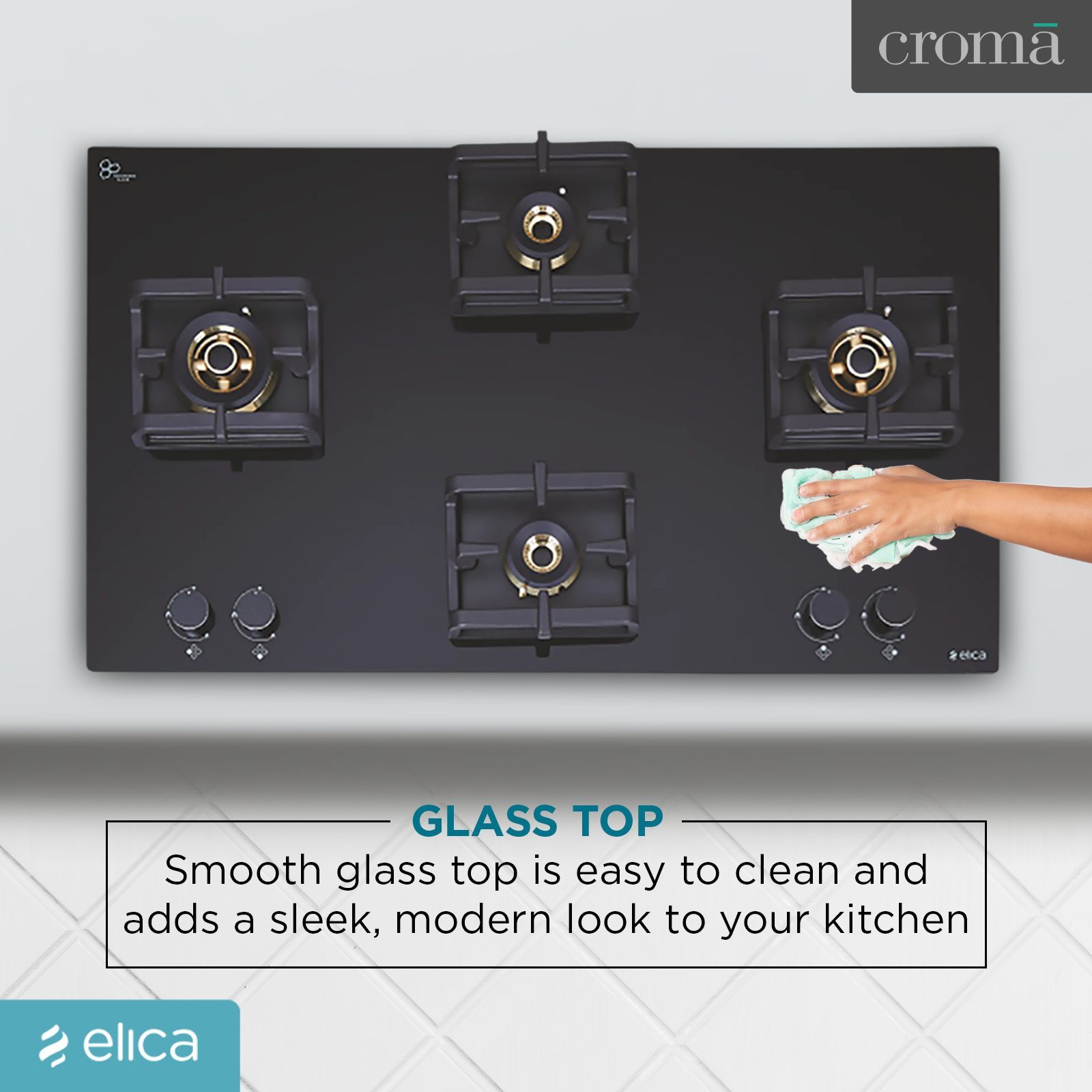 Elica Flexi Pro FB 4B 91 MT DX Glass Top 4 Burner Automatic Electric Hob (Round Metallic Knob, Black)_8