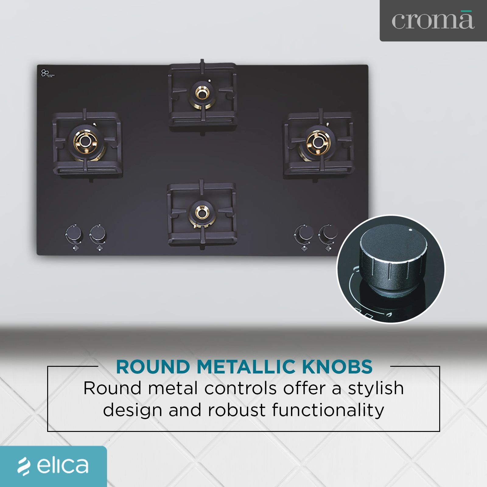 Elica Flexi Pro FB 4B 91 MT DX Glass Top 4 Burner Automatic Electric Hob (Round Metallic Knob, Black)_9