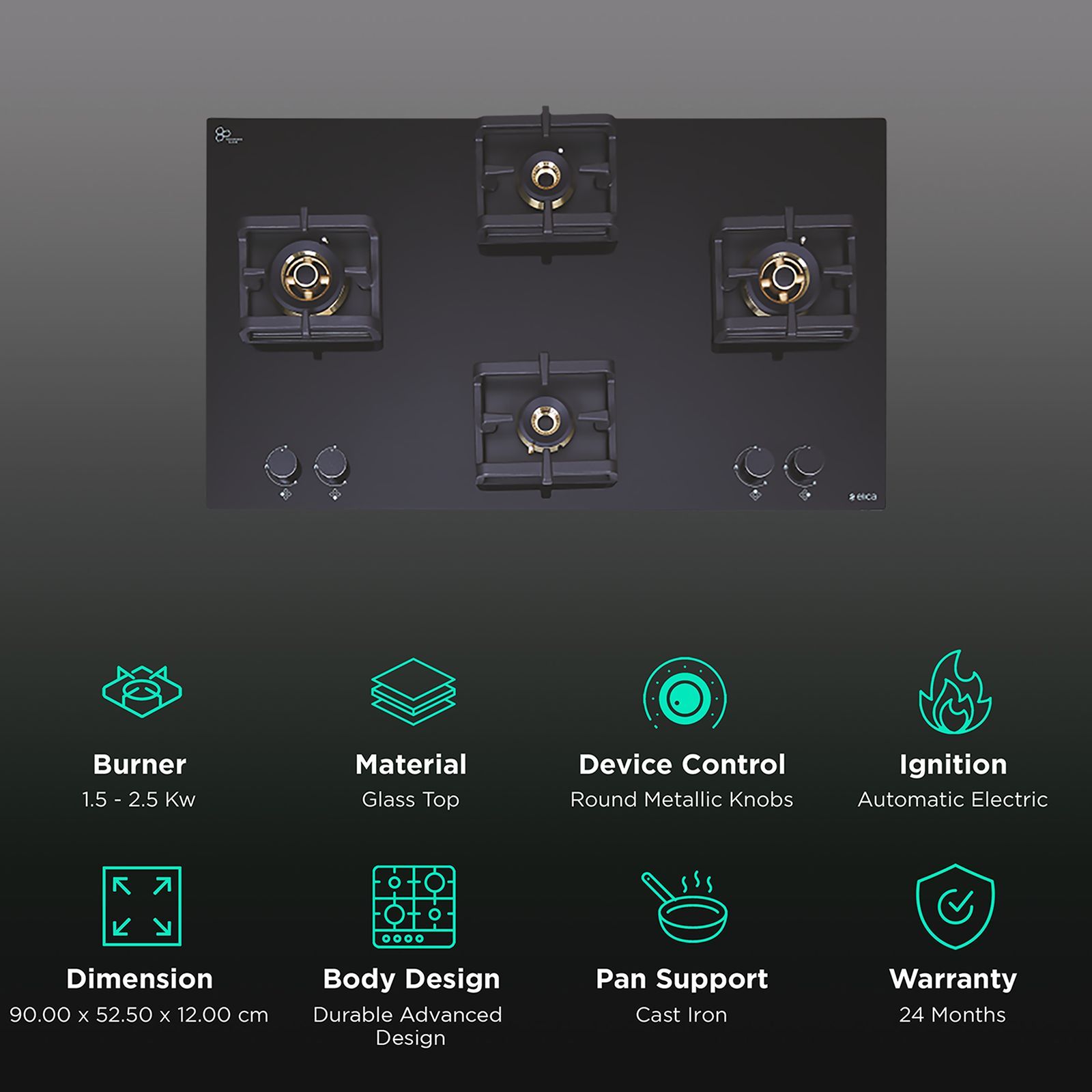 Elica Flexi Pro FB 4B 91 MT DX Glass Top 4 Burner Automatic Electric Hob (Round Metallic Knob, Black)_3