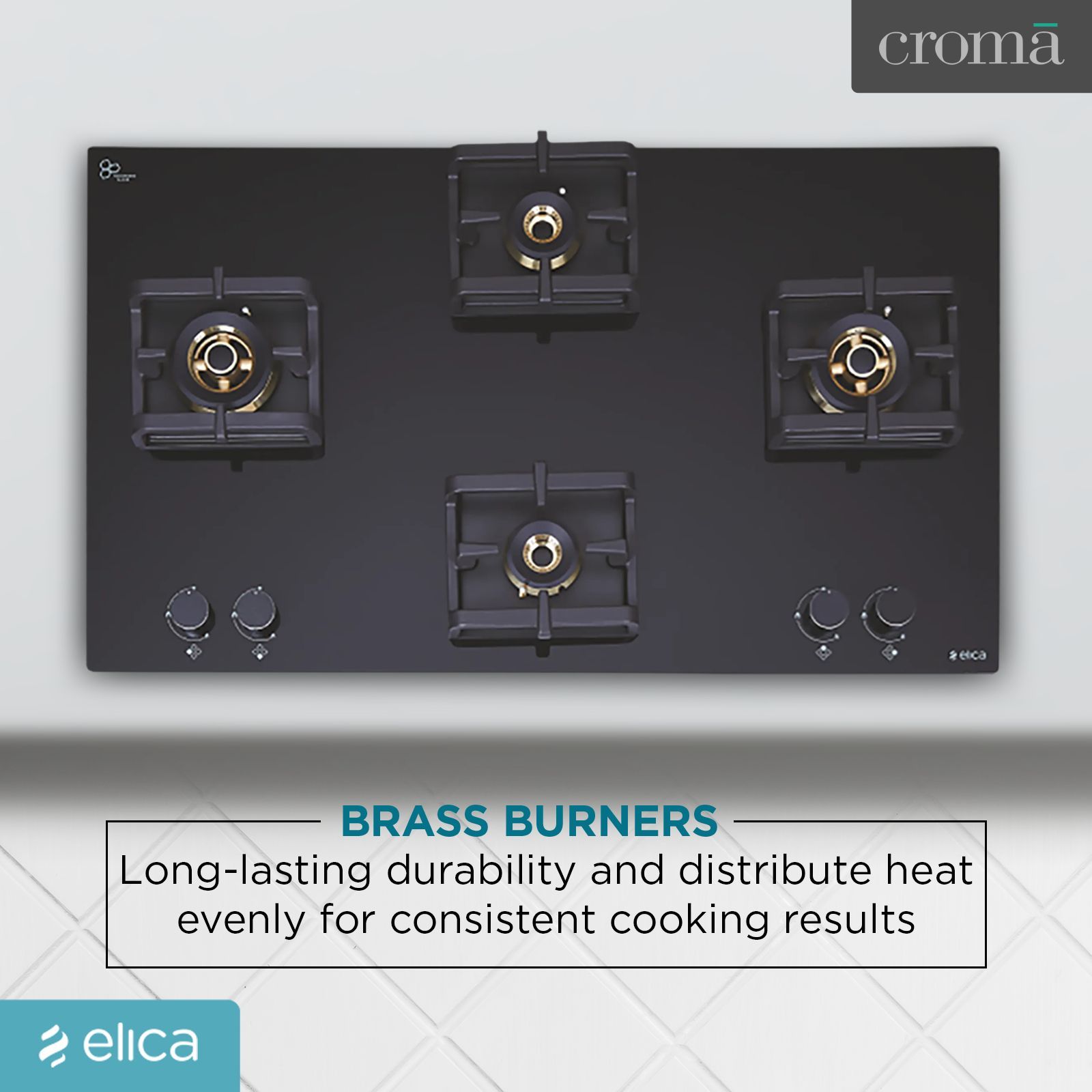 Elica Flexi Pro FB 4B 91 MT DX Glass Top 4 Burner Automatic Electric Hob (Round Metallic Knob, Black)_7