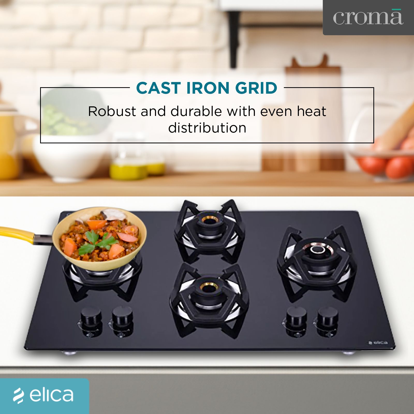 Elica CLASSIC AB 4B 70 DX Glass Top 4 Burner Automatic Electric Hob (Round Metallic Knob, Black)_5