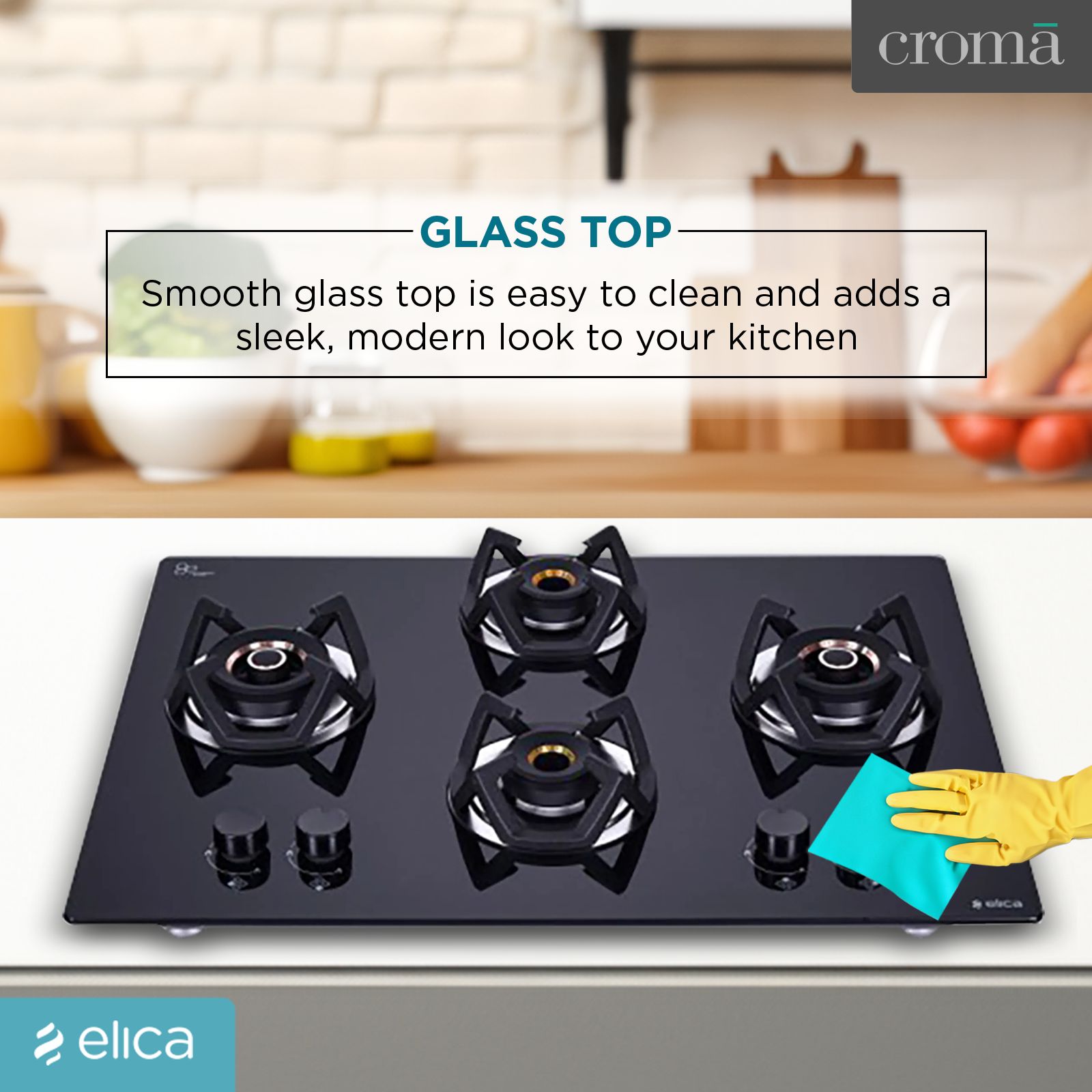 Elica CLASSIC AB 4B 70 DX Glass Top 4 Burner Automatic Electric Hob (Round Metallic Knob, Black)_6