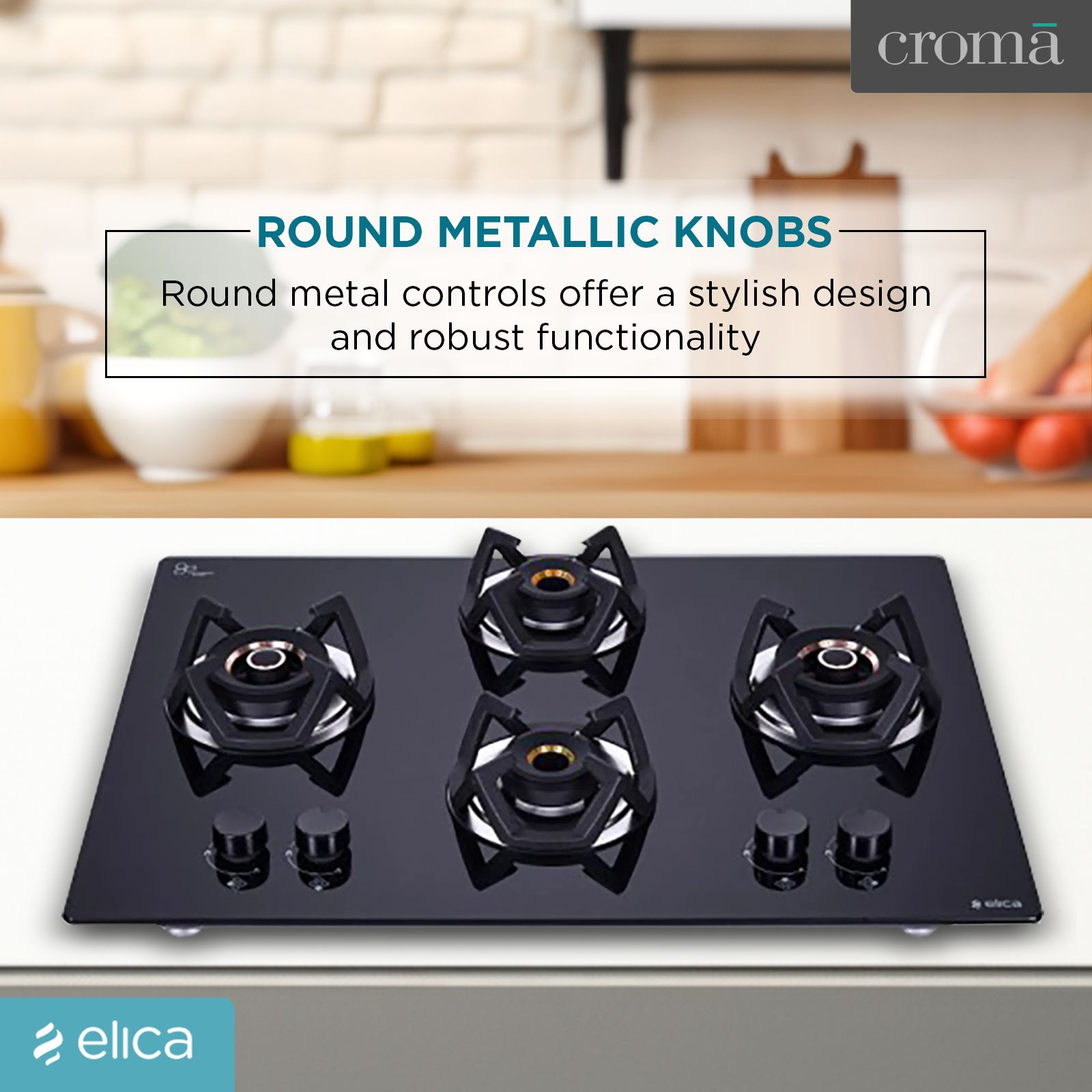 Elica CLASSIC AB 4B 70 DX Glass Top 4 Burner Automatic Electric Hob (Round Metallic Knob, Black)_7