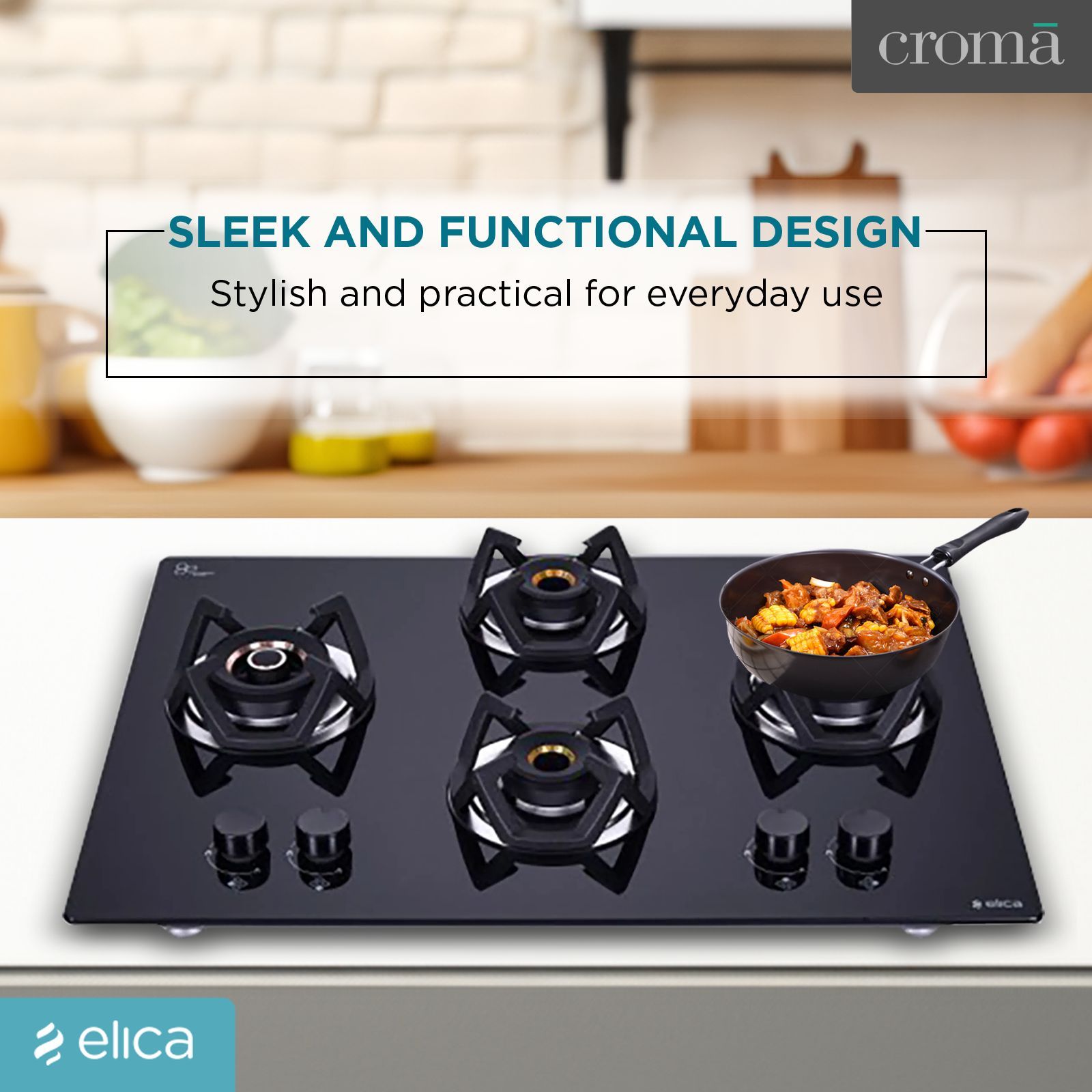 Elica CLASSIC AB 4B 70 DX Glass Top 4 Burner Automatic Electric Hob (Round Metallic Knob, Black)_8