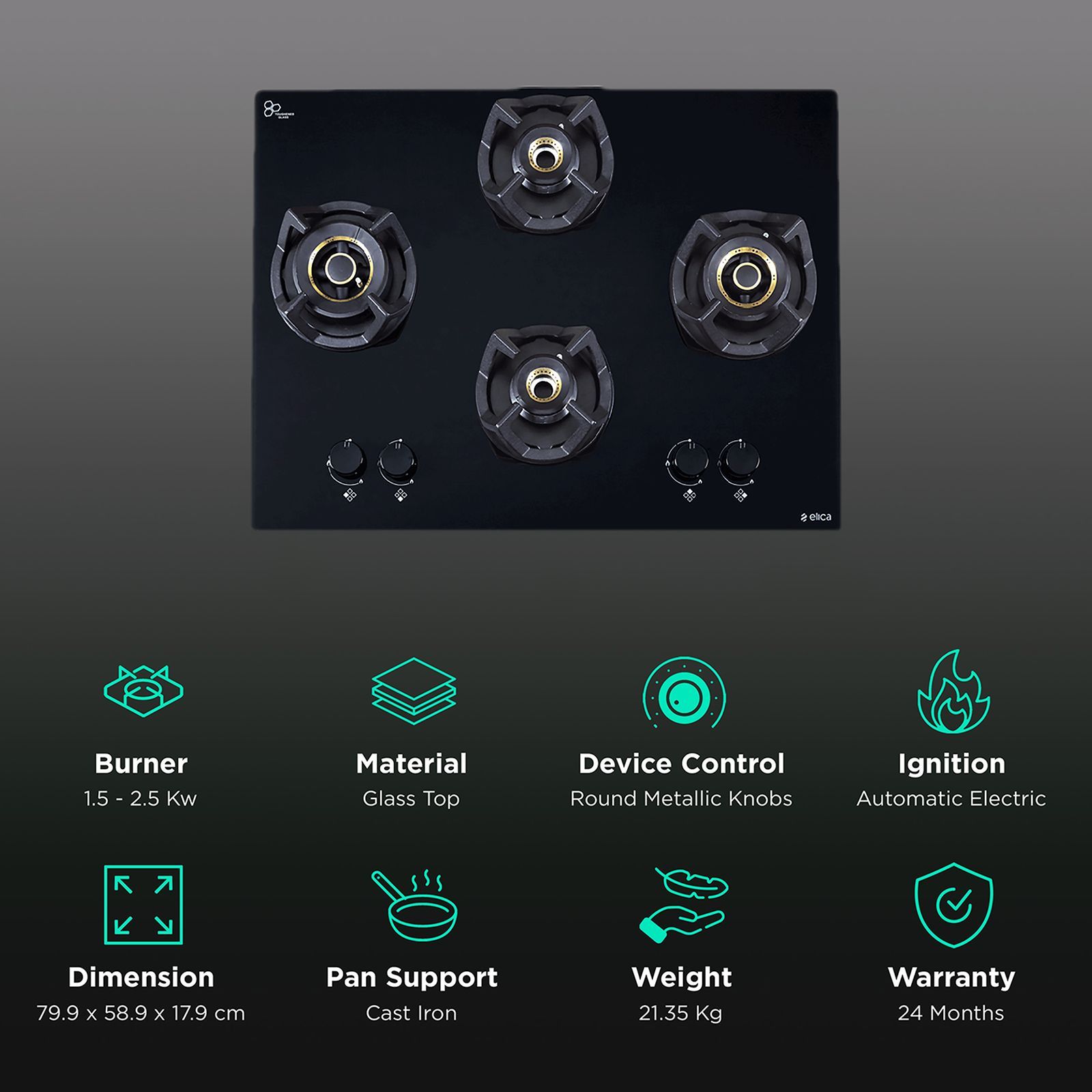 Elica CLASSIC AB 4B 70 DX Glass Top 4 Burner Automatic Electric Hob (Round Metallic Knob, Black)_3