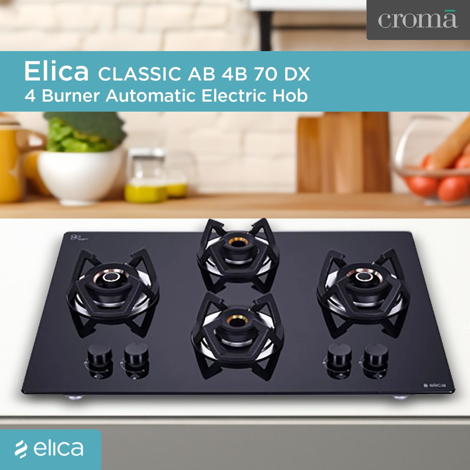 Elica CLASSIC AB 4B 70 DX Glass Top 4 Burner Automatic Electric Hob (Round Metallic Knob, Black)_4
